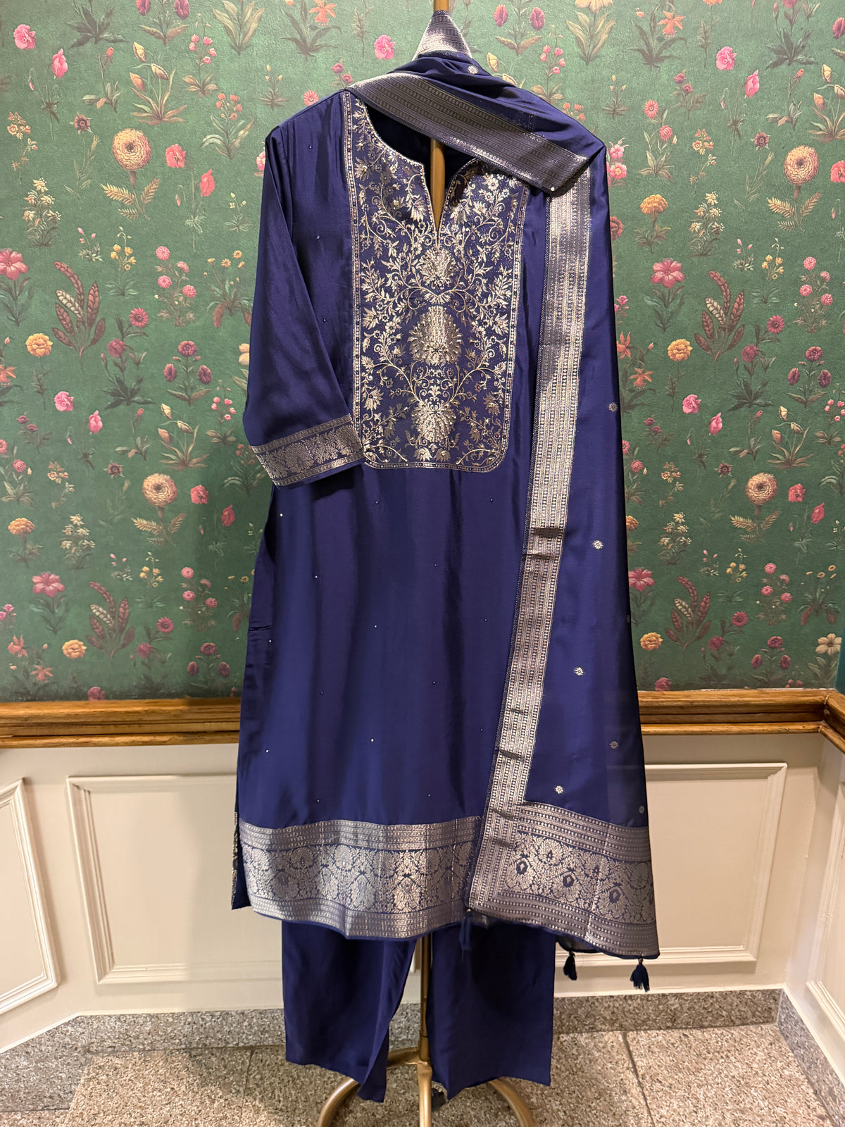 Midnight Blue Dola Silk Zari Embroidered Suit Set