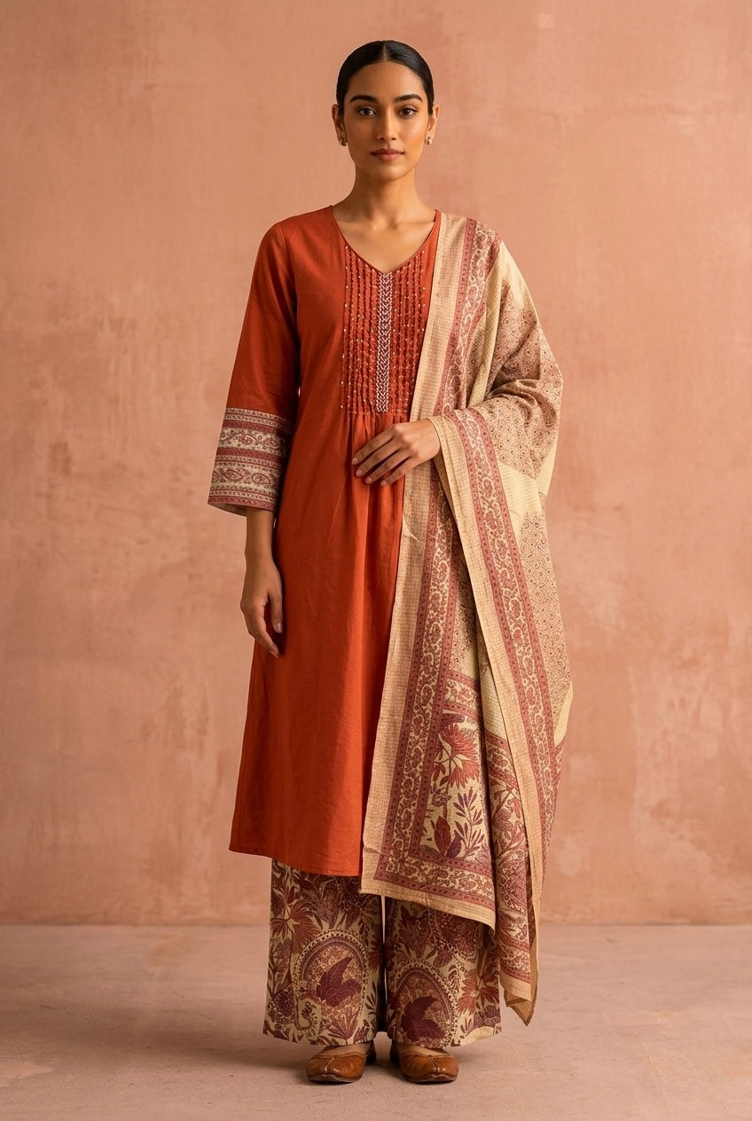 Rust Orange A-Line Cotton Suit Set | HER-693