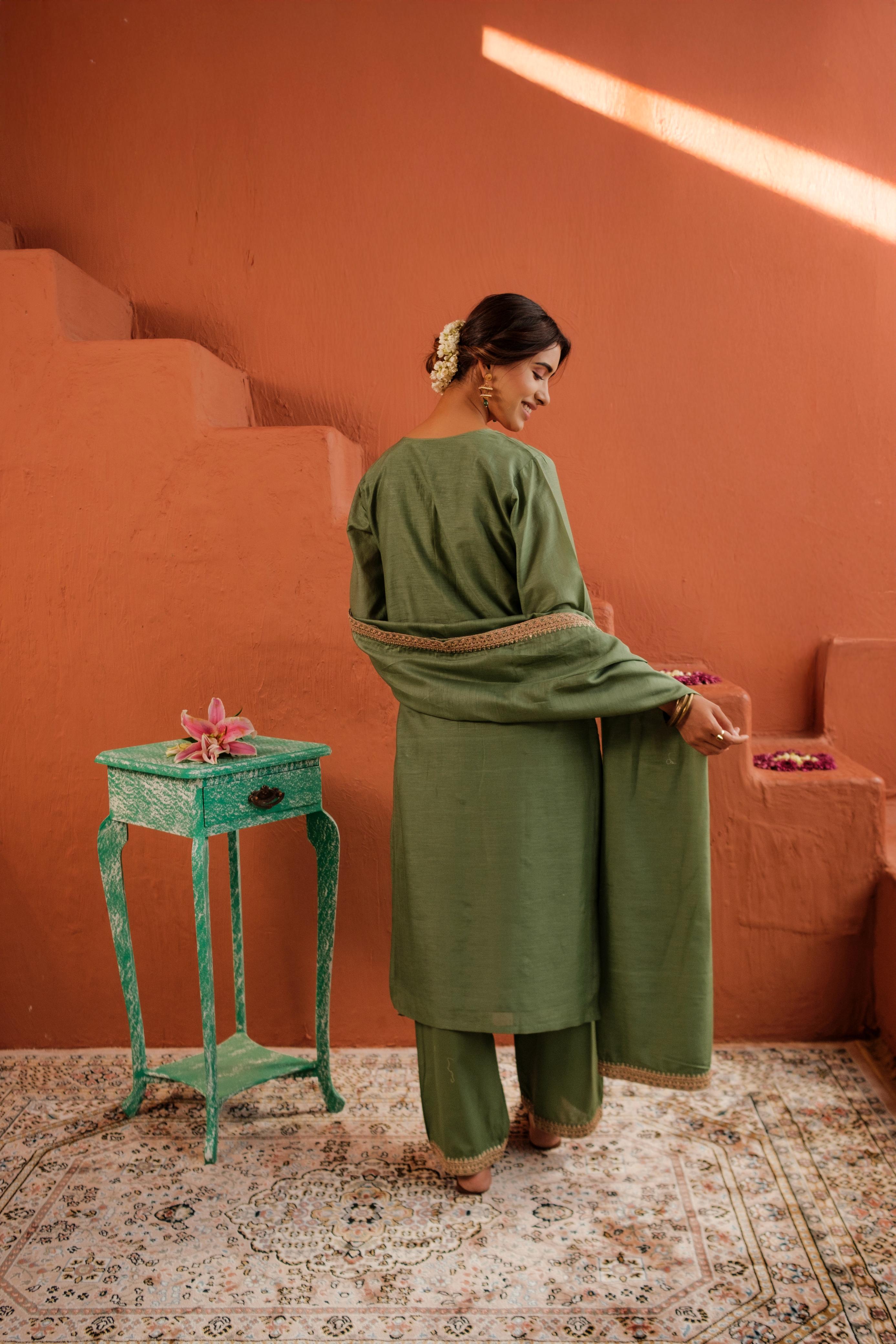 Aafreen Sage Green Mul Chanderi Embroidered Suit Set | HER-543