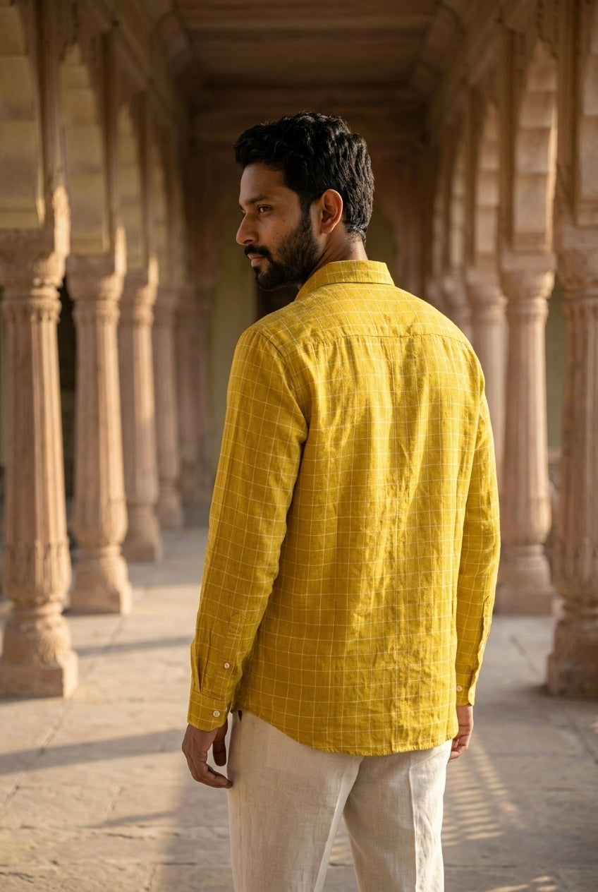 Mustard Yellow Check Men’s Pure Linen Full Sleeves Shirt