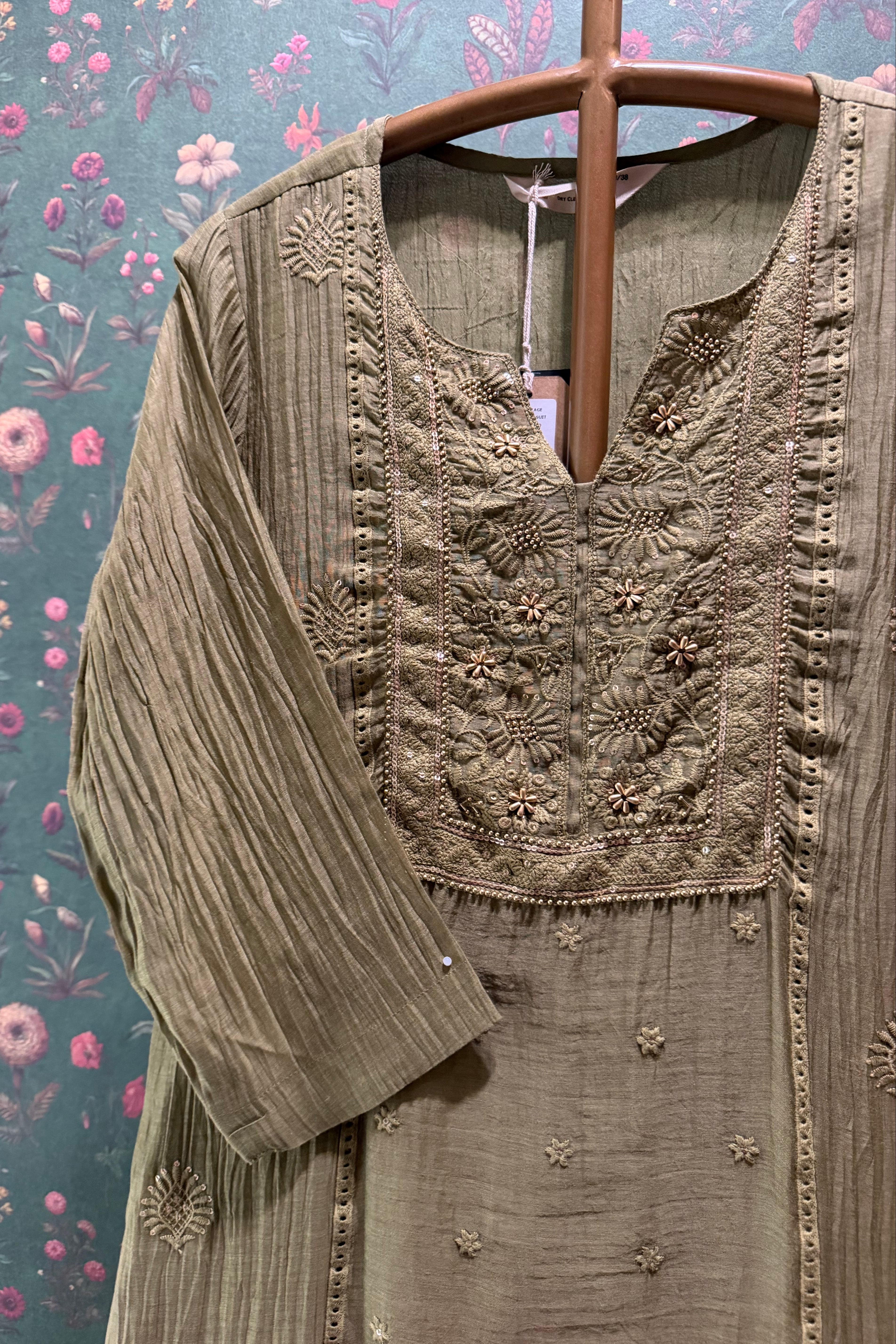 Antique Olive Green Noor Chikankari Suit Set | HER-620