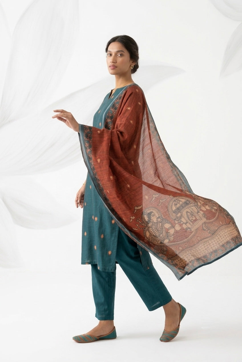 Teal Blue Madhubani Cotton Suit Set | HER-642
