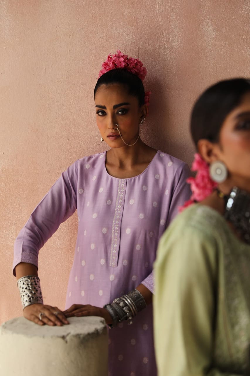 Lavender Straight Fit Cotton Silk Suit Set | HER-236