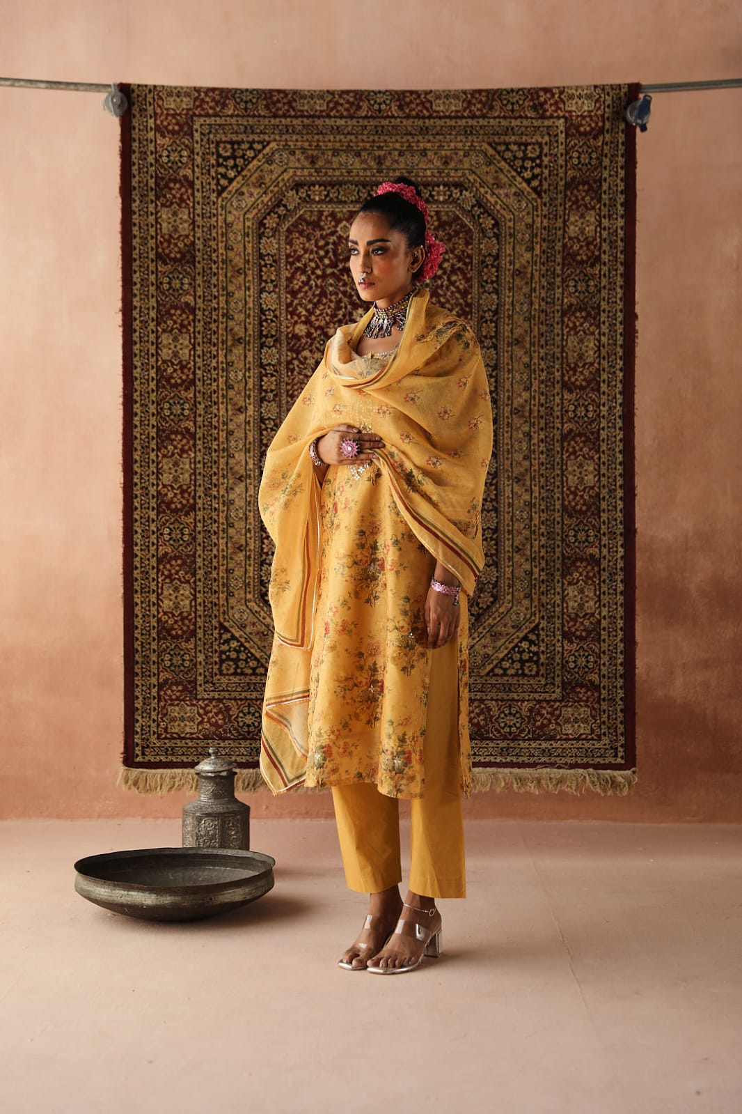 Heer Floral Yellow Chanderi Suit Set | HER-255