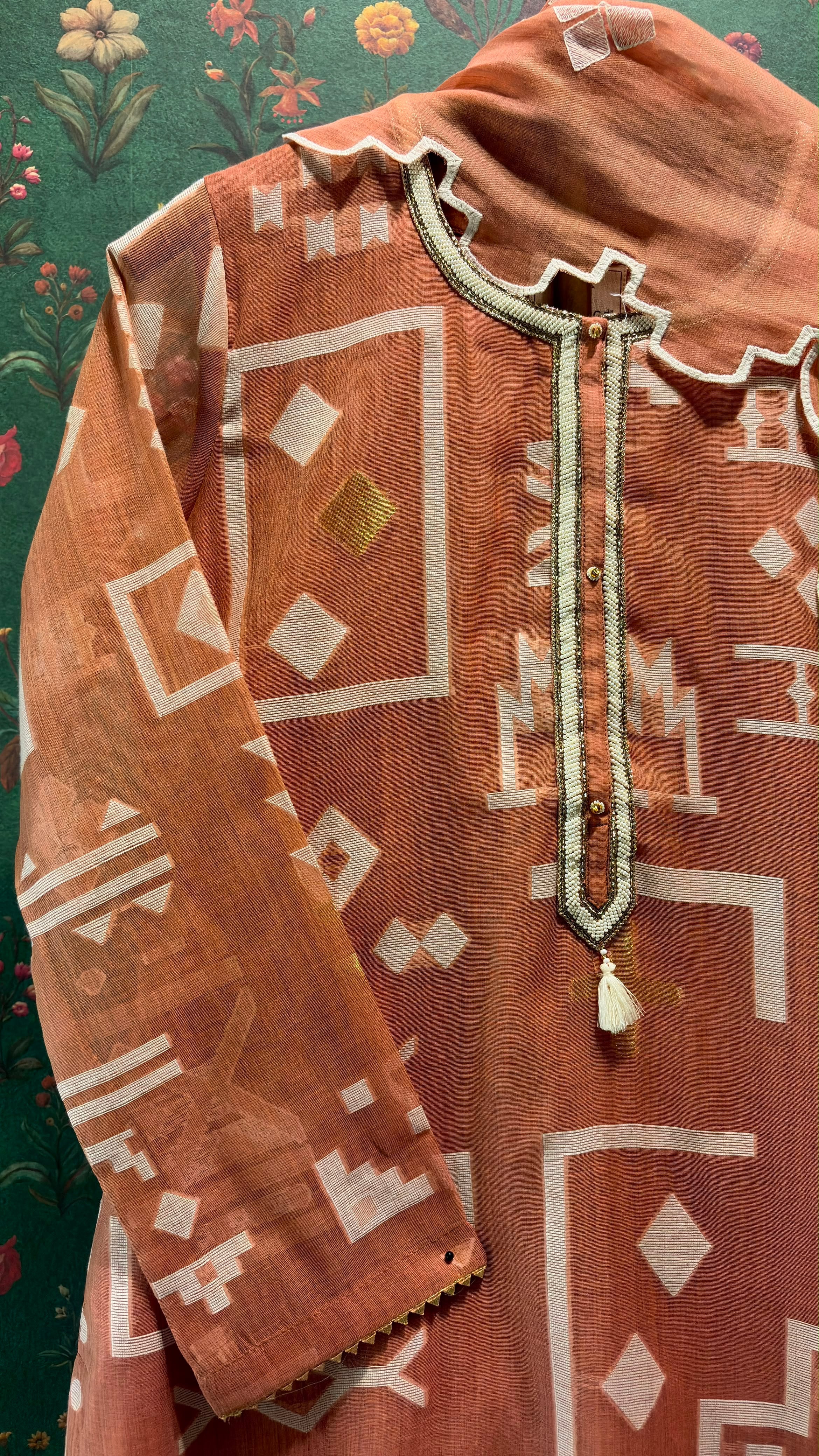 Coral Ikat-Inspired Chanderi Suit Set
