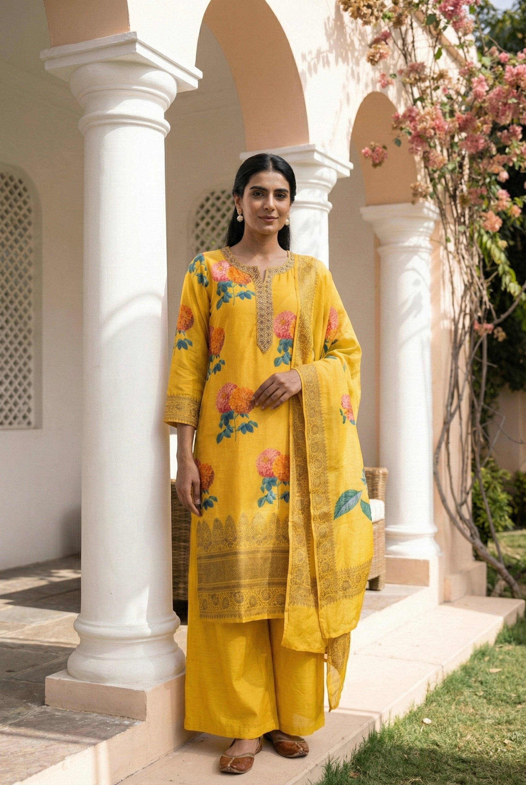 Yellow Floral Chanderi Suit Set | HER-608