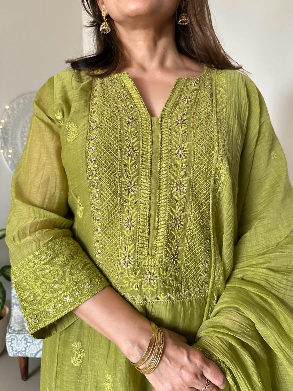 Mehndi Green Chikankari A-Line Mul Chanderi Suit Set | HER-627