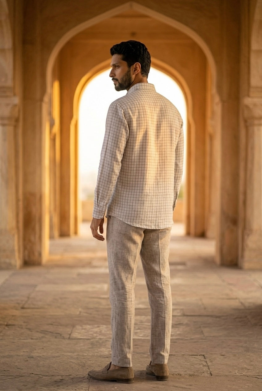 Men’s Ivory Grey Windowpane Check Pure Linen Full Sleeves Shirt