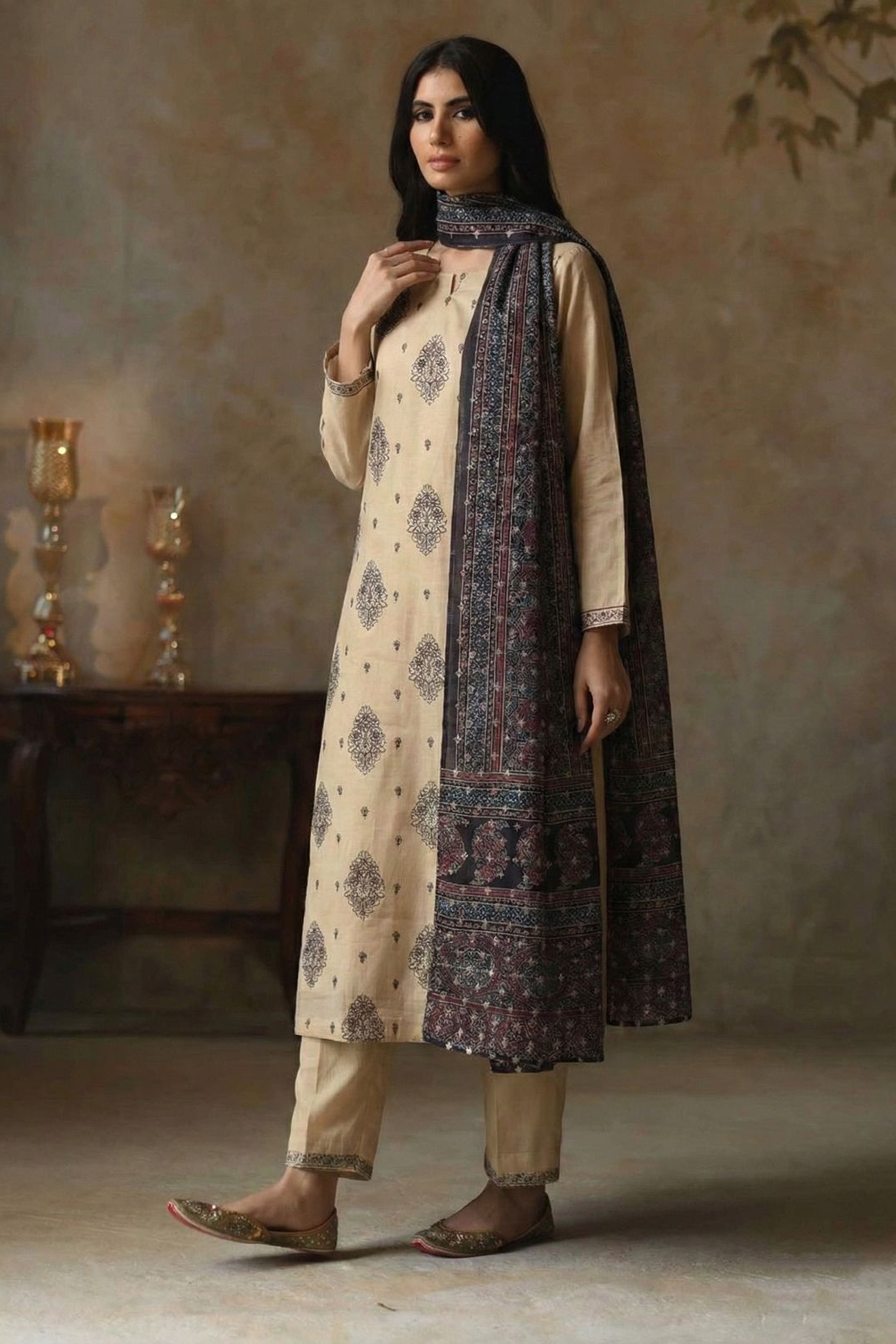Beige Chanderi-Silk Suit Set,Ajrak Dupatta | HER-337
