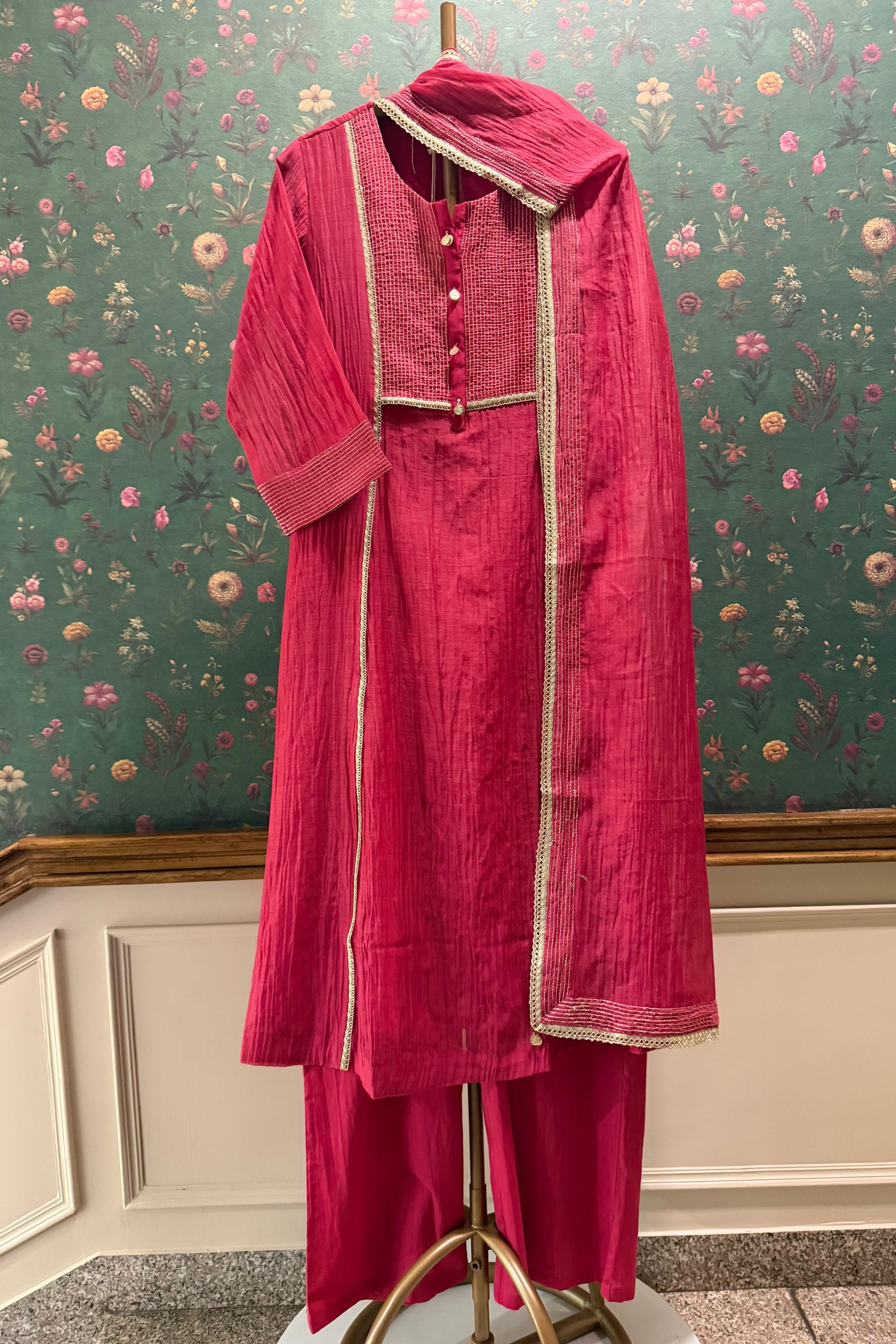 Meher Handcrafted Mul Chanderi A-Line Suit Set | HER-621