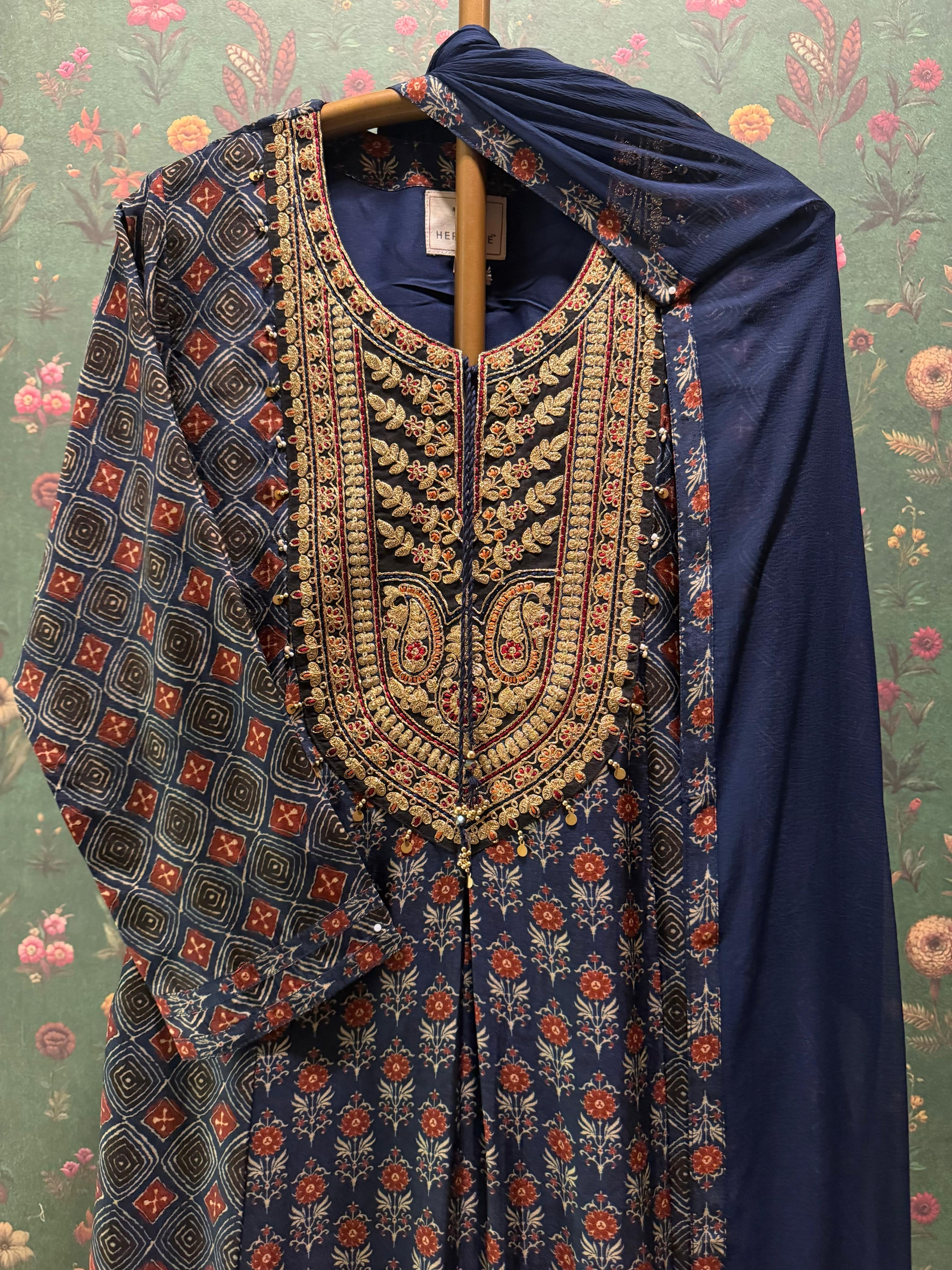 Blue Ajrakh A-Line Chanderi Silk Suit Set | HER-635 x Prachi