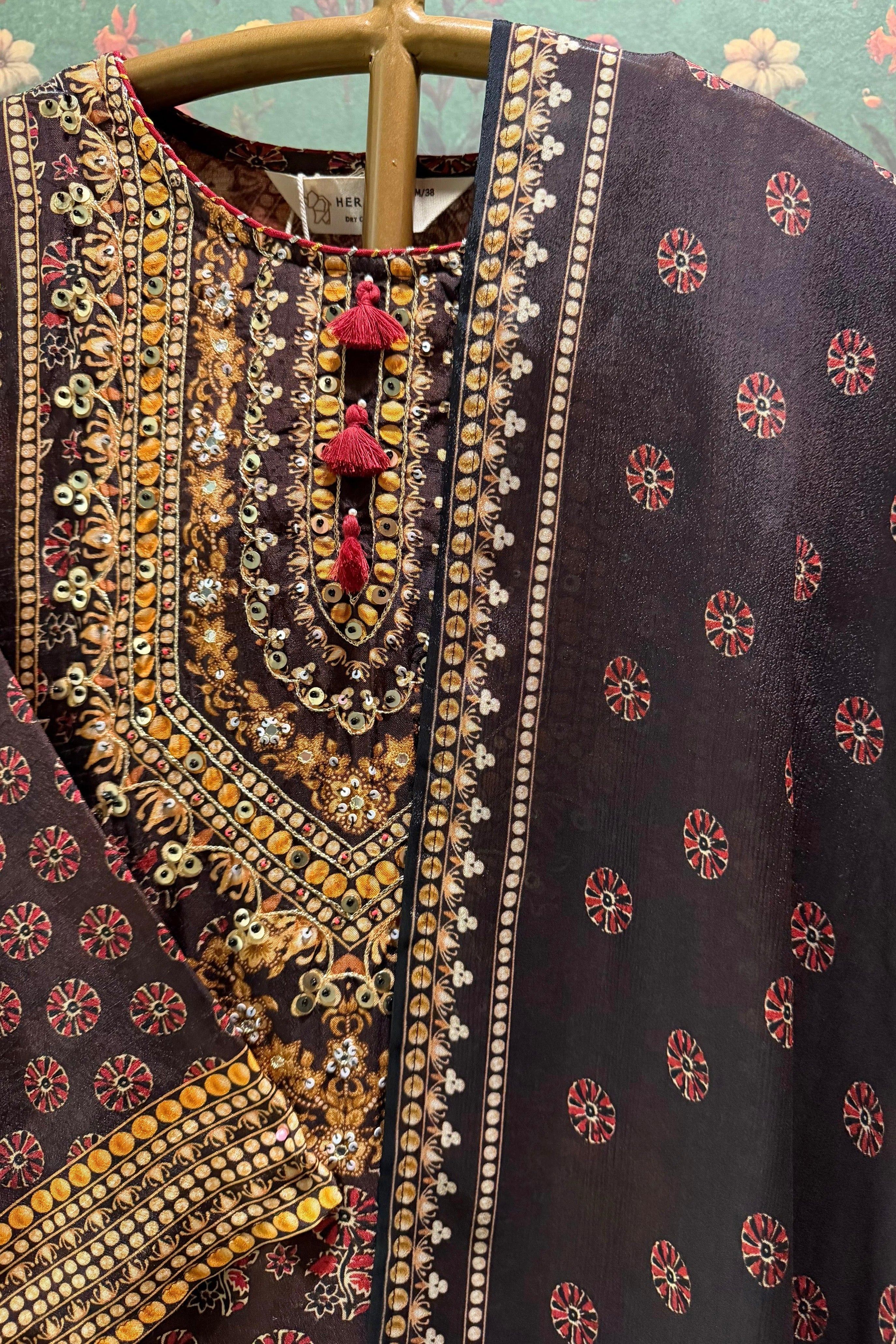 Dark Brown Mughal Motif Embellished Suit Set | HER-615