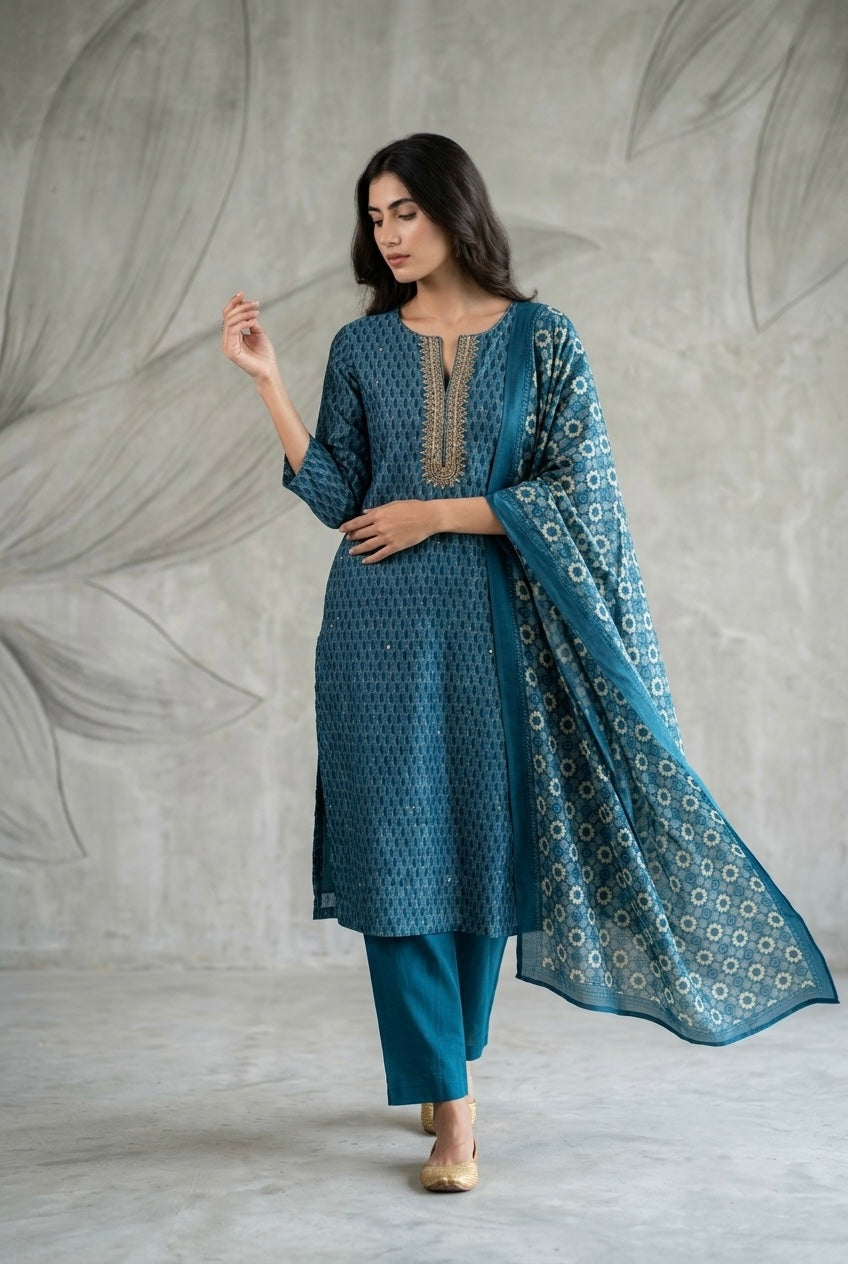 Teal Blue Printed Chanderi Suit Set with Zari | HER-397
