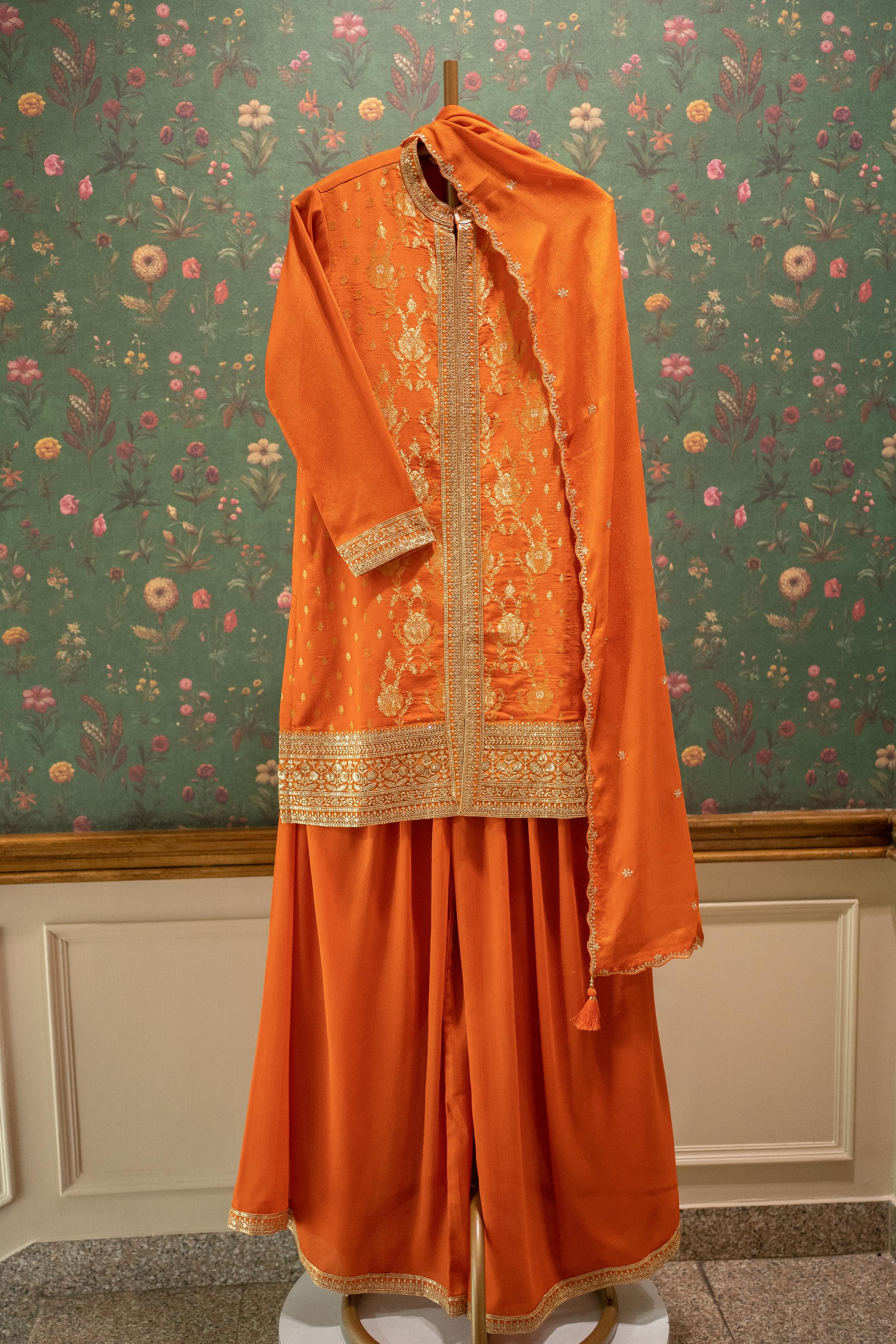 Heritage Rust Orange Banarasi Embroidered Suit Set | HER-563