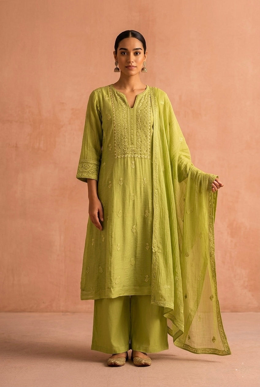 Pistachio Green Chikankari A-Line Suit Set | HER-627