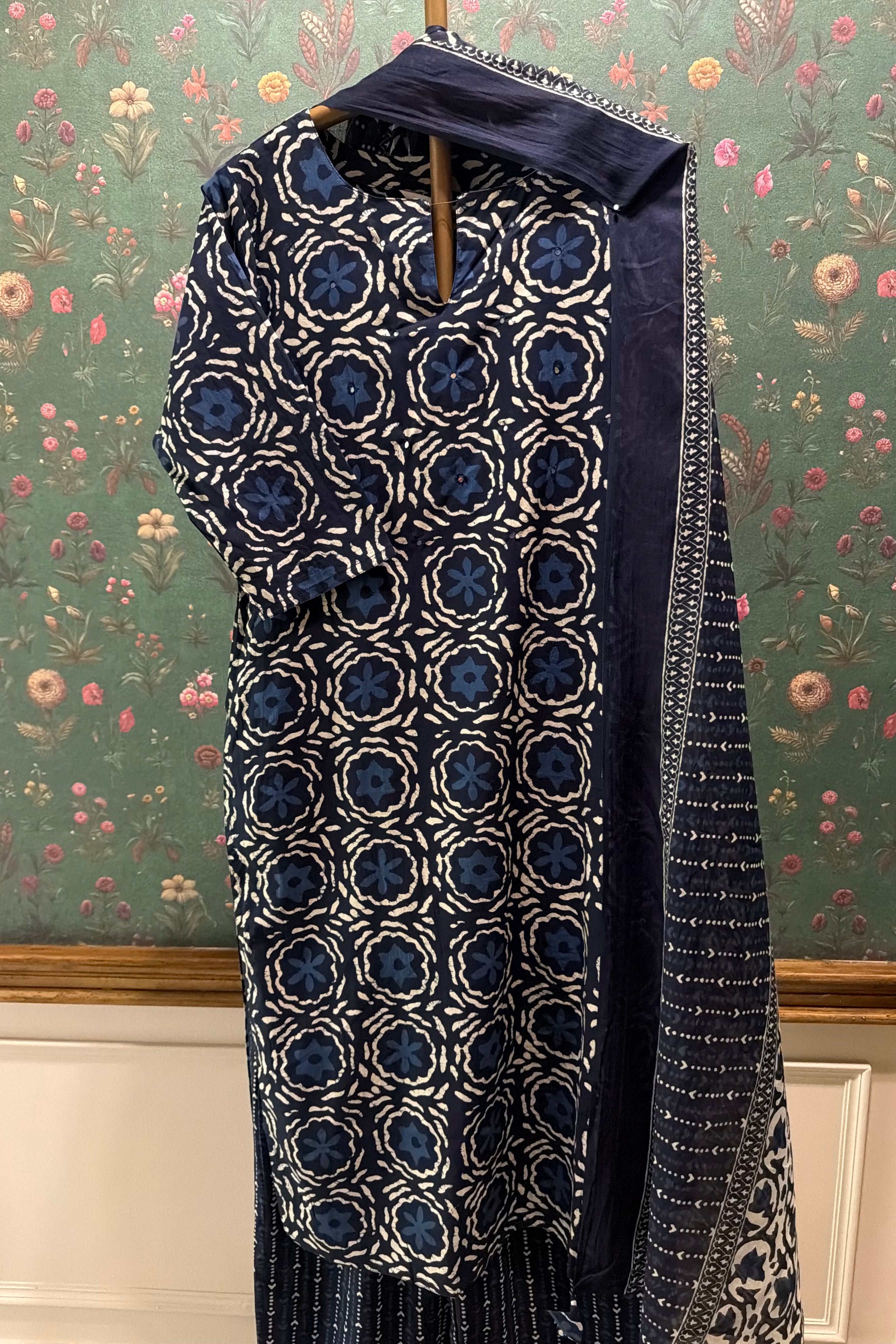 Indigo Blue Medallion Printed Cotton Suit Set | HER-733