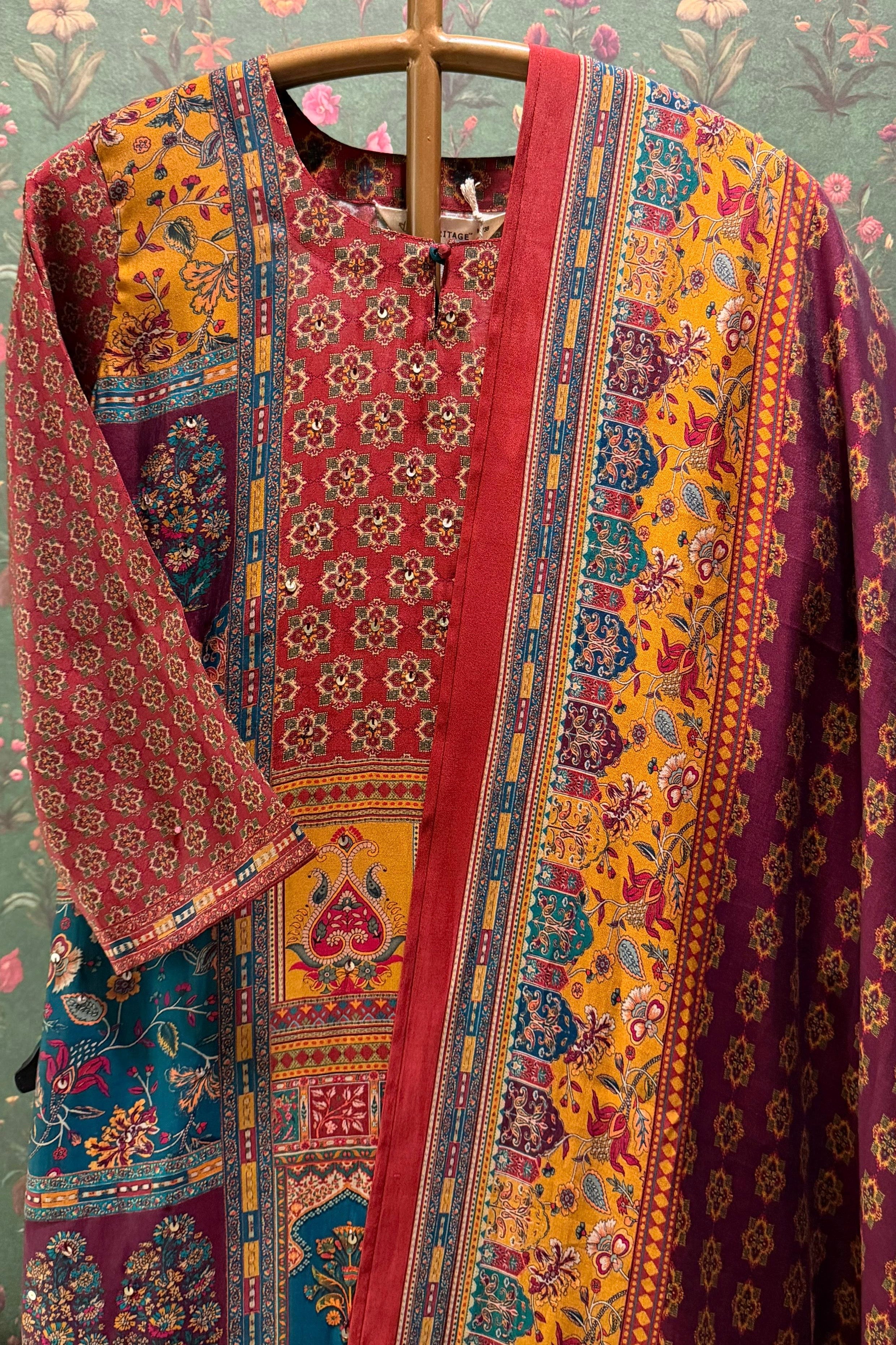 Aurelia Maroon Multicolor Muslin Suit Set | HER-569