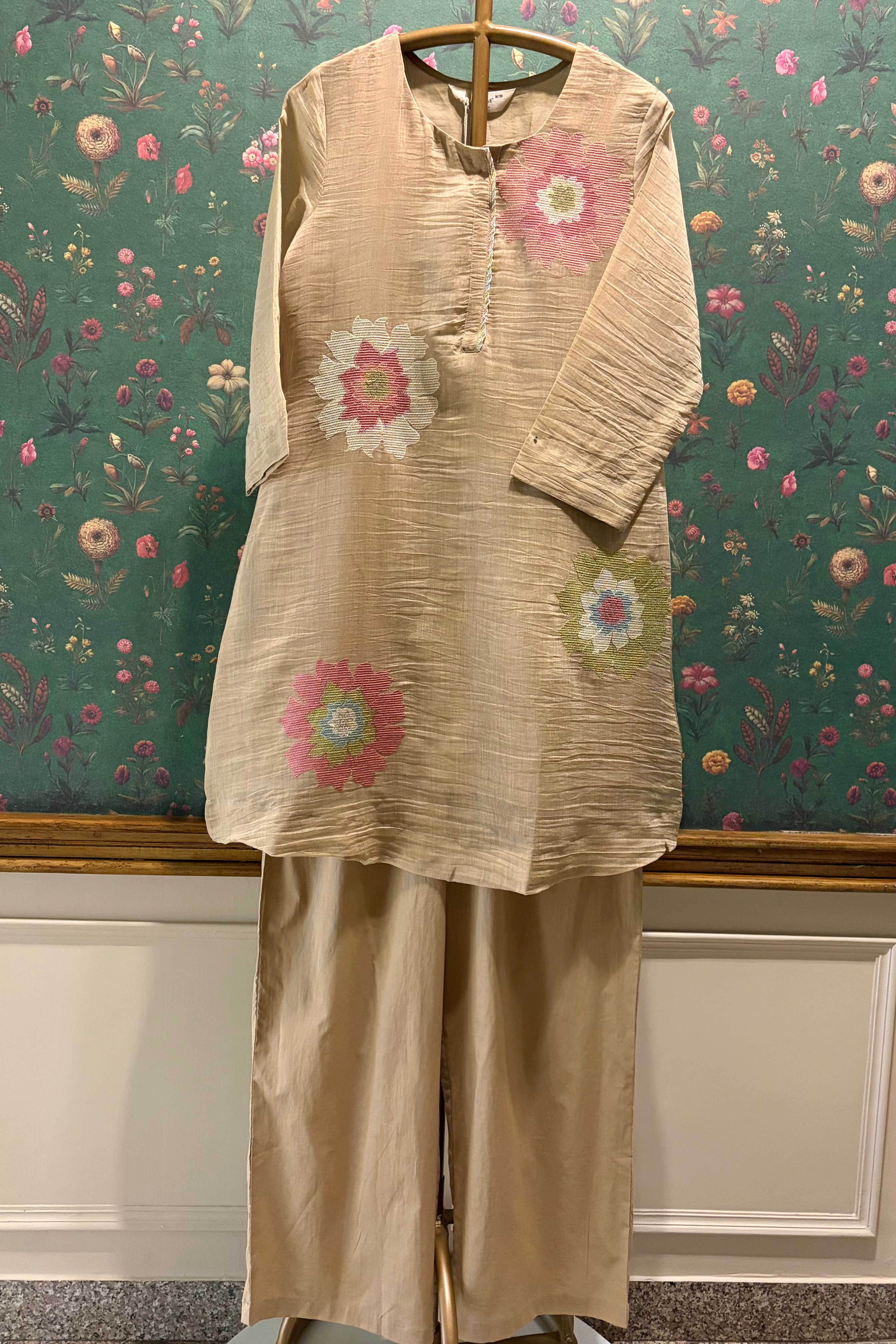 Blush Meadow Handcrafted Co-ord Set, Soft Beige | HER-623