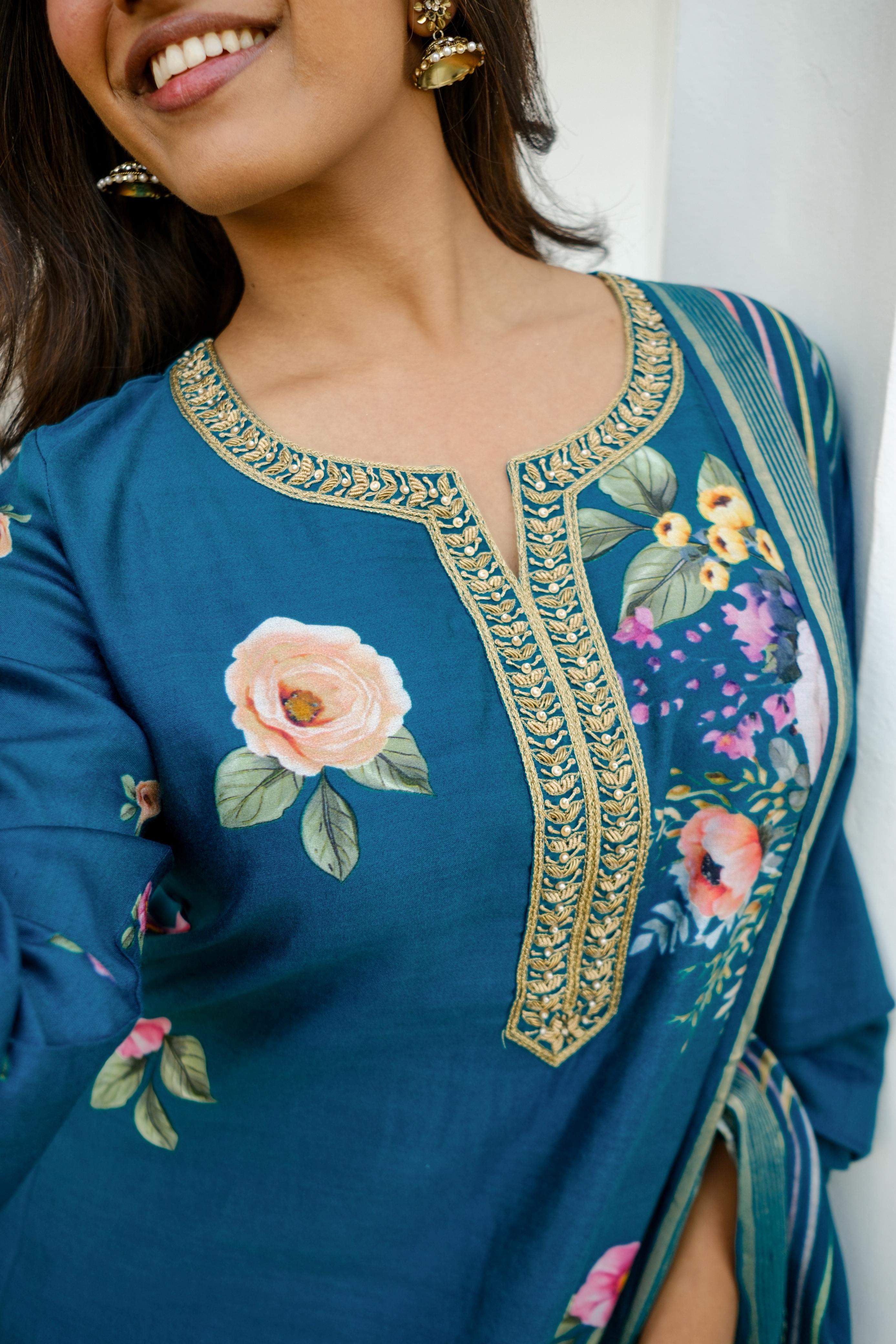 Emerald Teal Blue Floral Chanderi Suit Set x Celina | HER-606