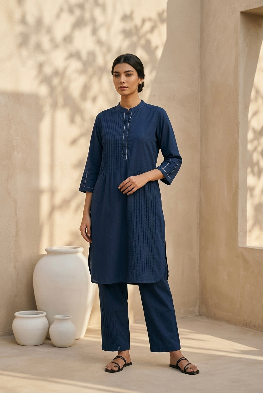 Navy Blue Pintuck Kurta Set | HER-698