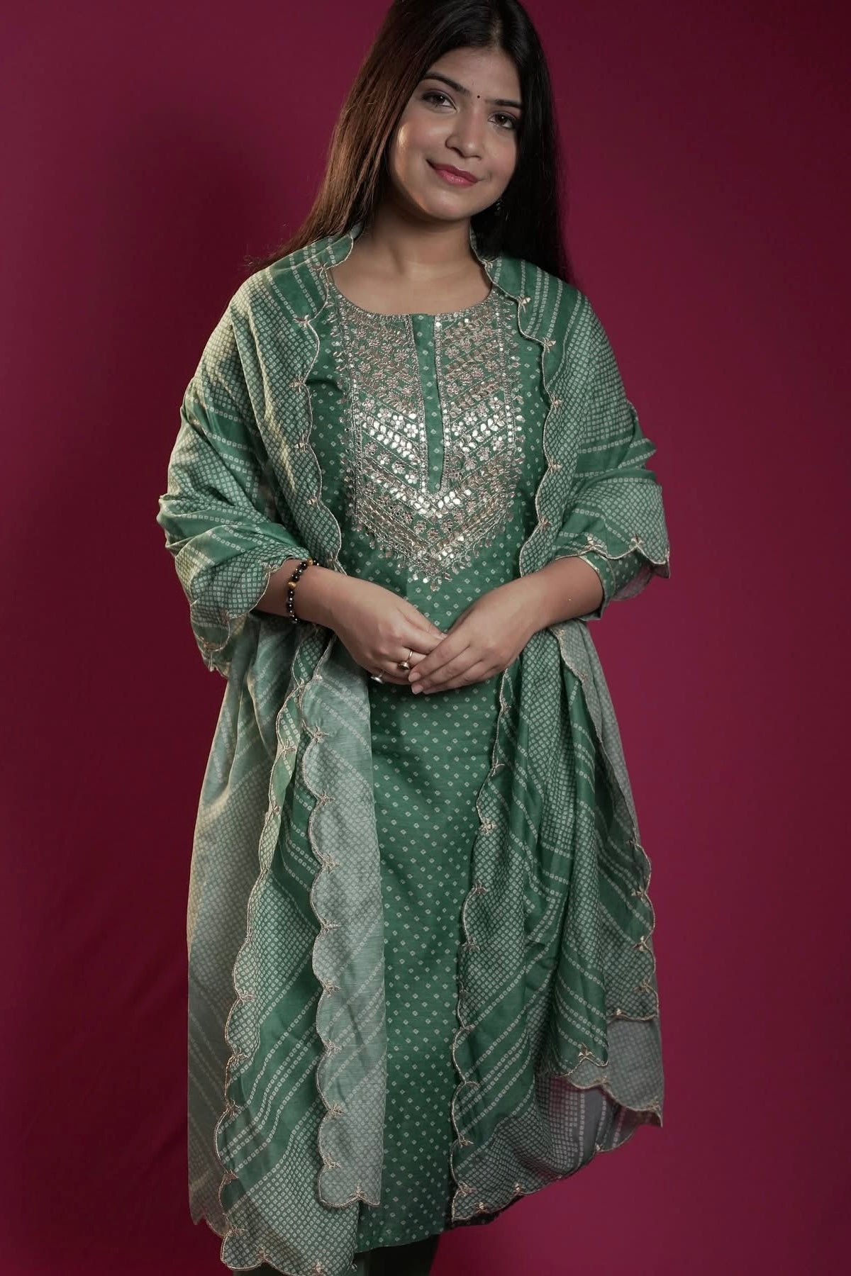 Teal Bandhani Chanderi Suit Set | HER-293