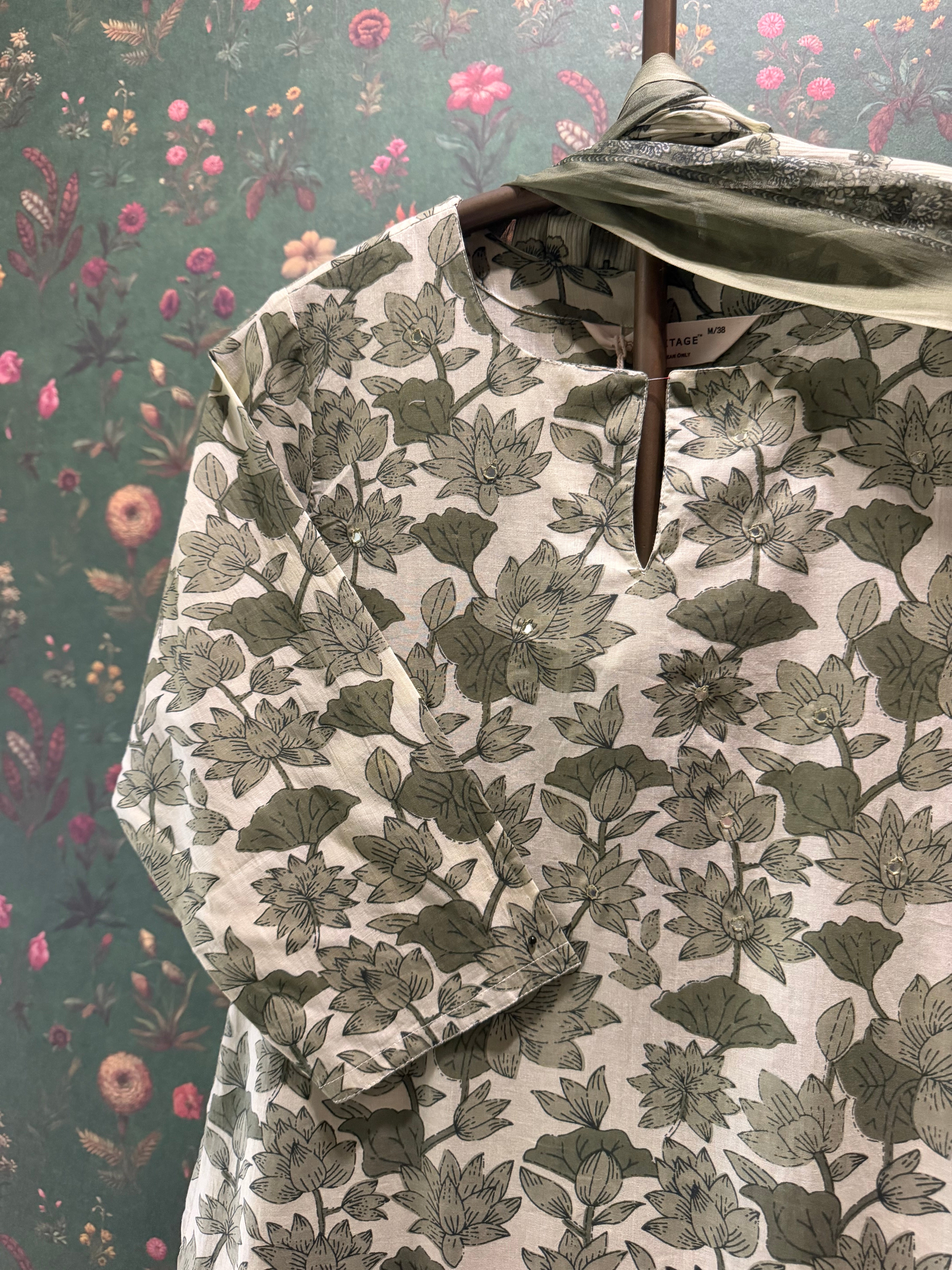Sage Green Floral Printed Cotton Suit Set | HER-727