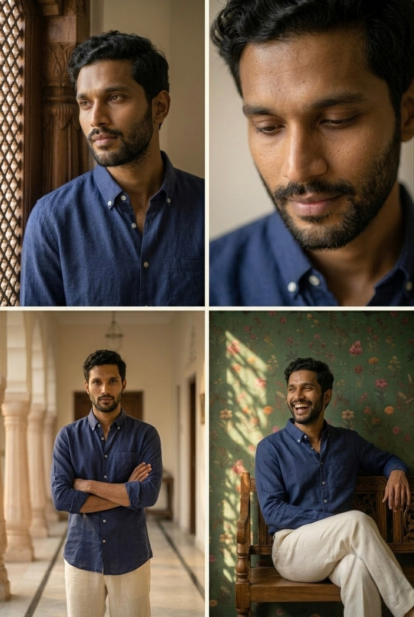 Deep Indigo Blue Men’s Pure Linen Full-Sleeves Shirt