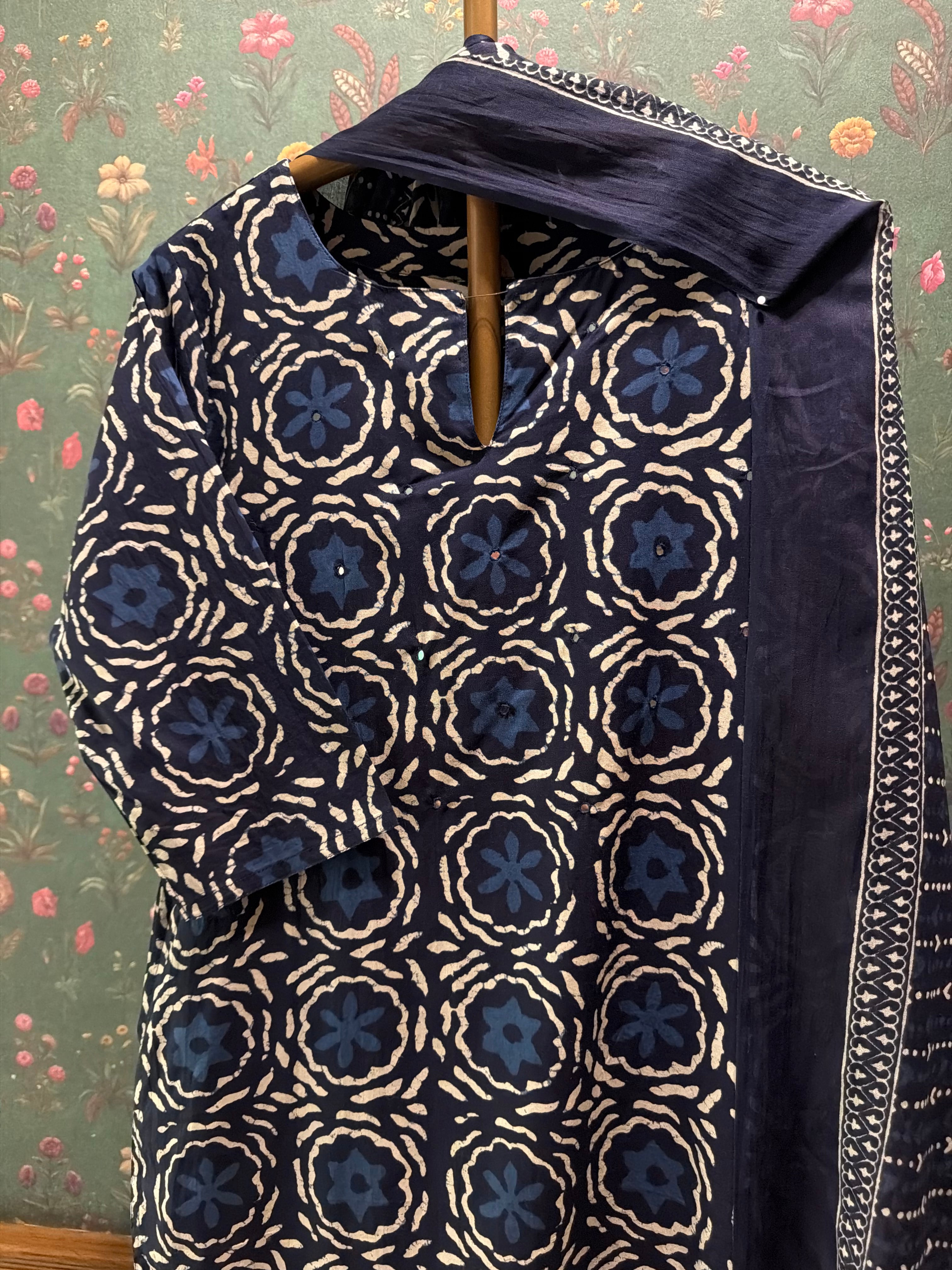 Indigo Blue Medallion Printed Cotton Suit Set | HER-733