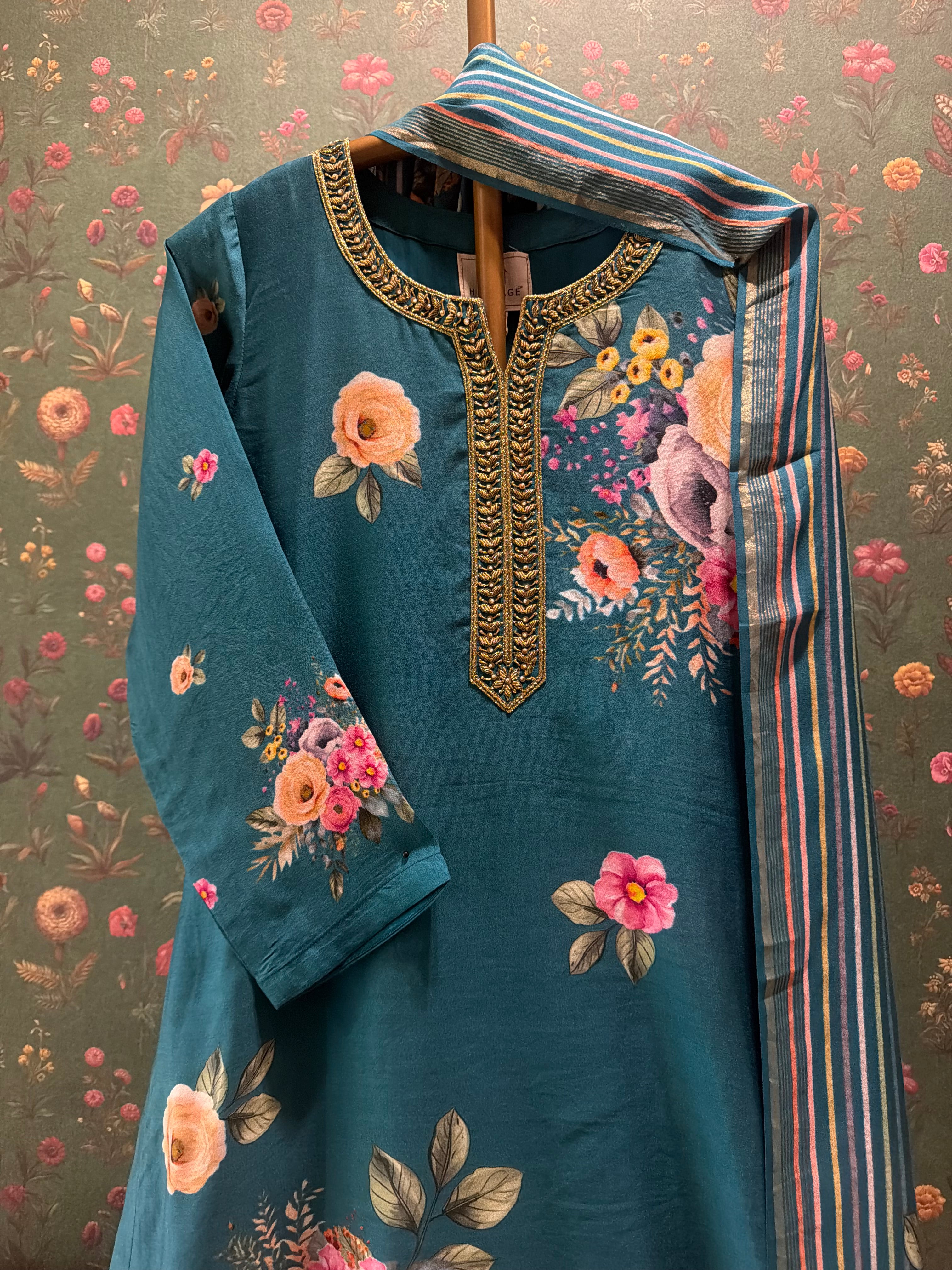 Emerald Teal Blue Floral Chanderi Suit Set x Celina | HER-606