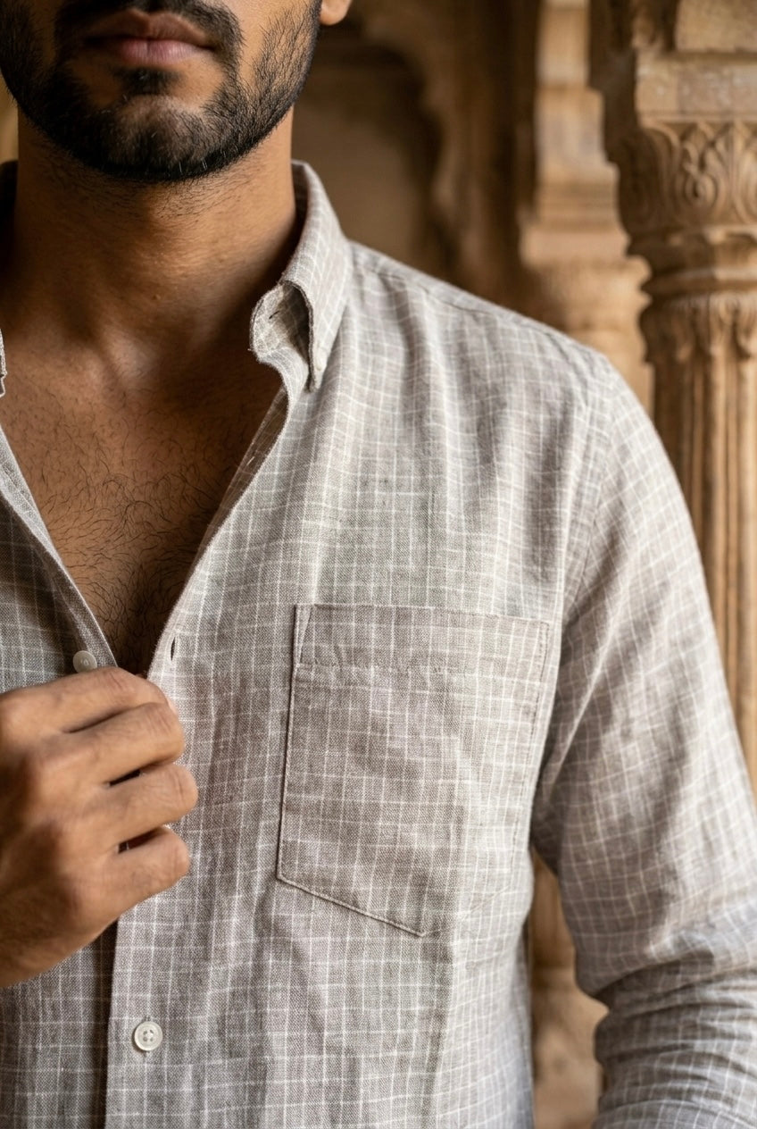 Men’s Dove Grey Check Pure Linen Full Sleeves Shirt