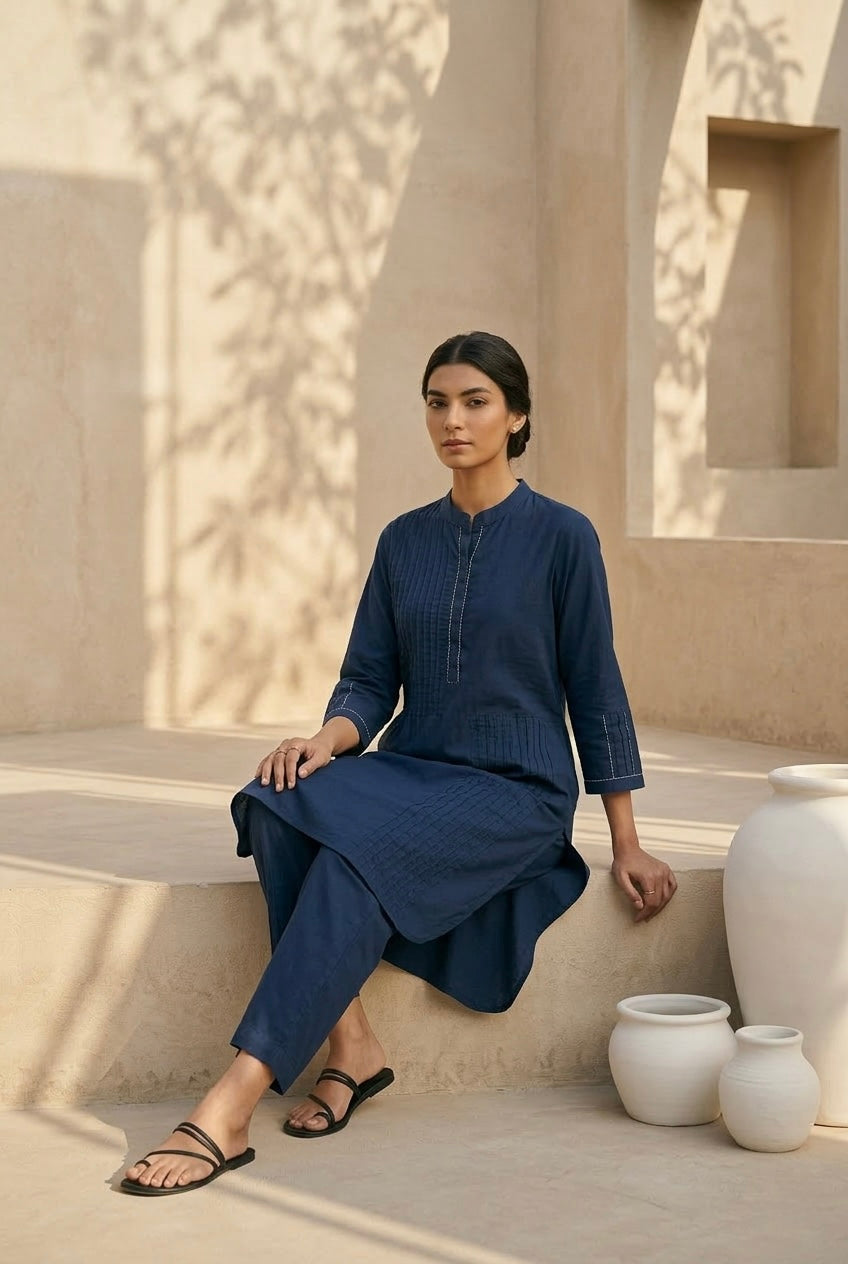 Navy Blue Pintuck Kurta Set | HER-698