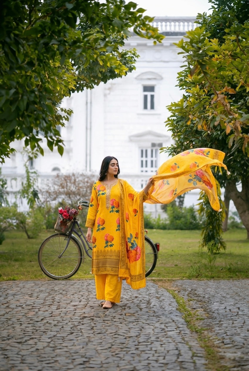 Yellow Floral Chanderi Suit Set | HER-608