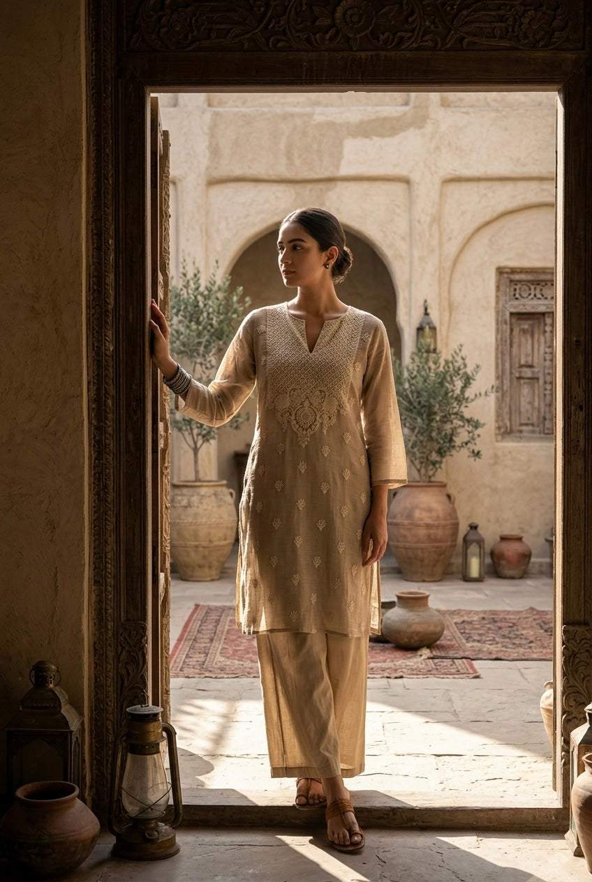 Sand Beige Mul-Chanderi Kurta Set