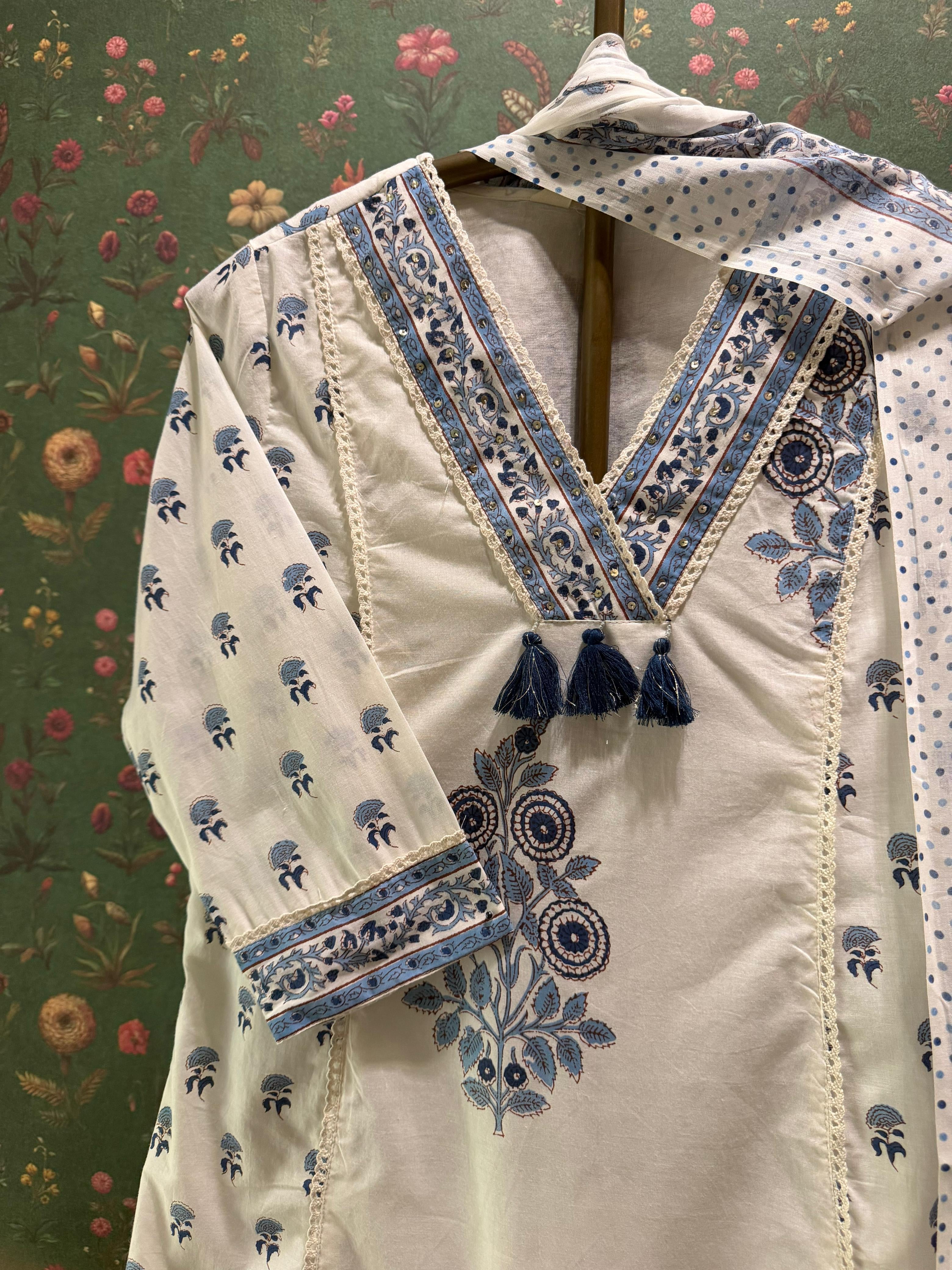 Ivory Blue Floral Printed A-Line Suit Set | HER-716