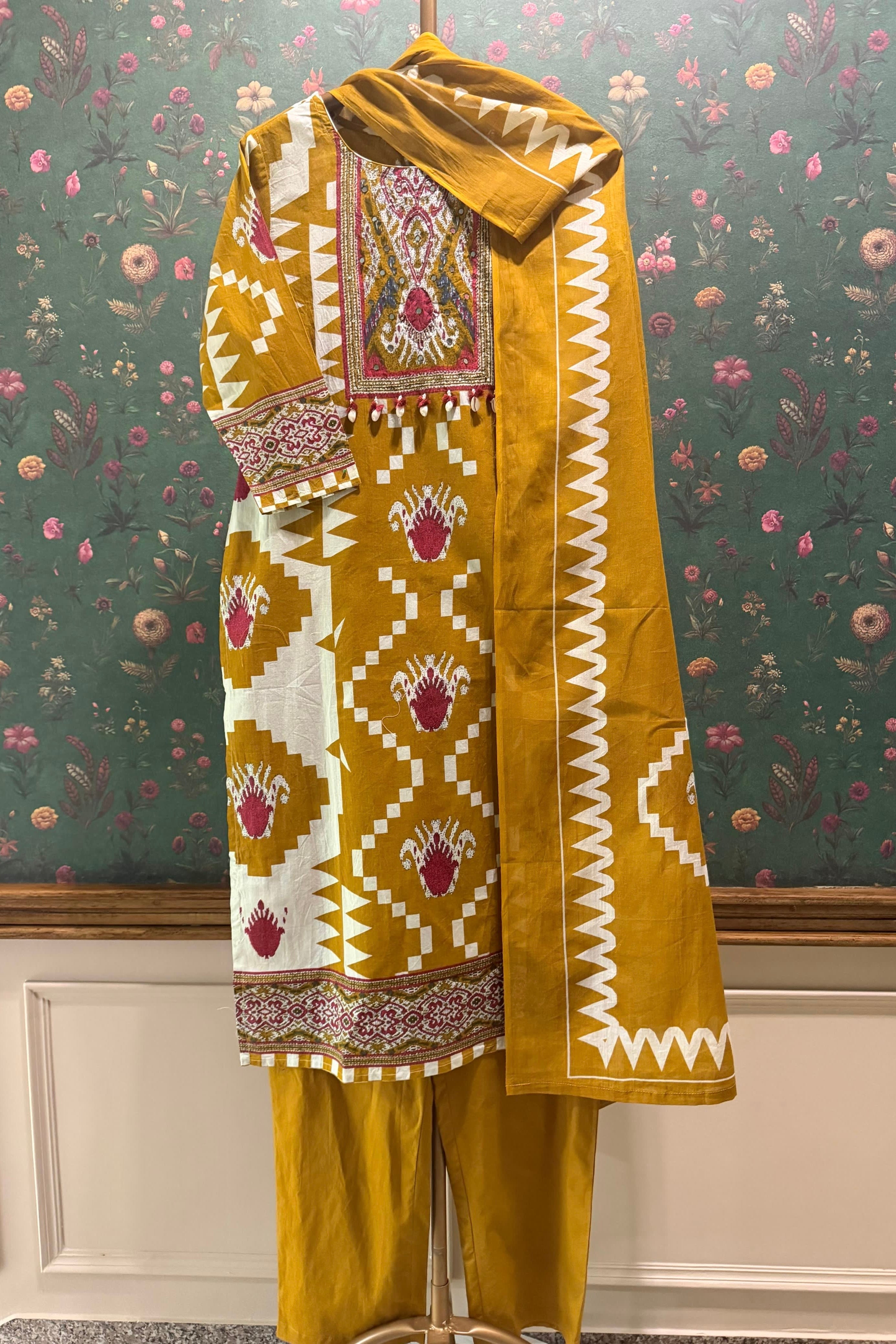Kanak Ikat Mustard Handcrafted Suit Set | HER-748