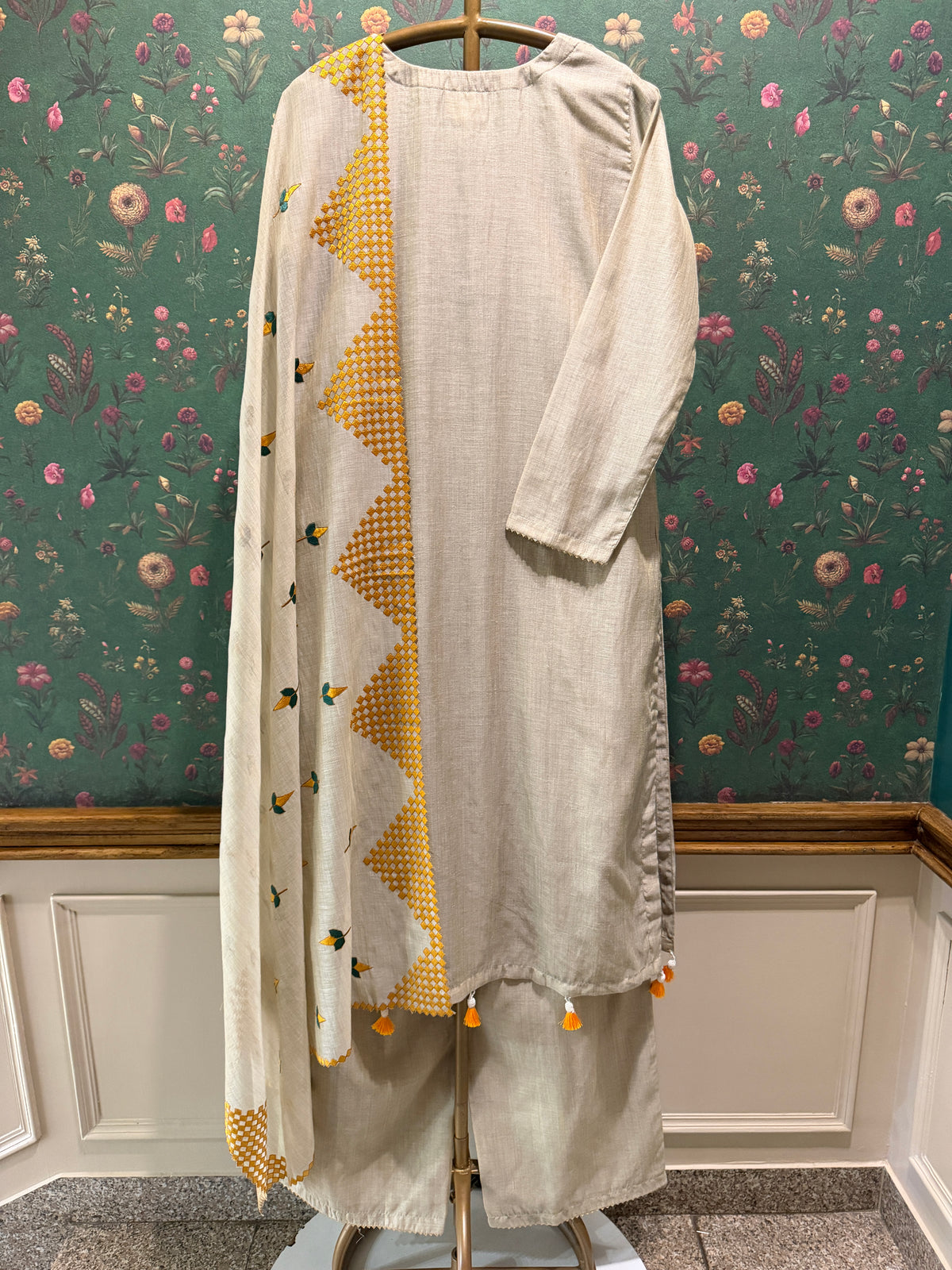 Ivory Beige and Mustard Yellow Embroidered Pure Chanderi Suit Set