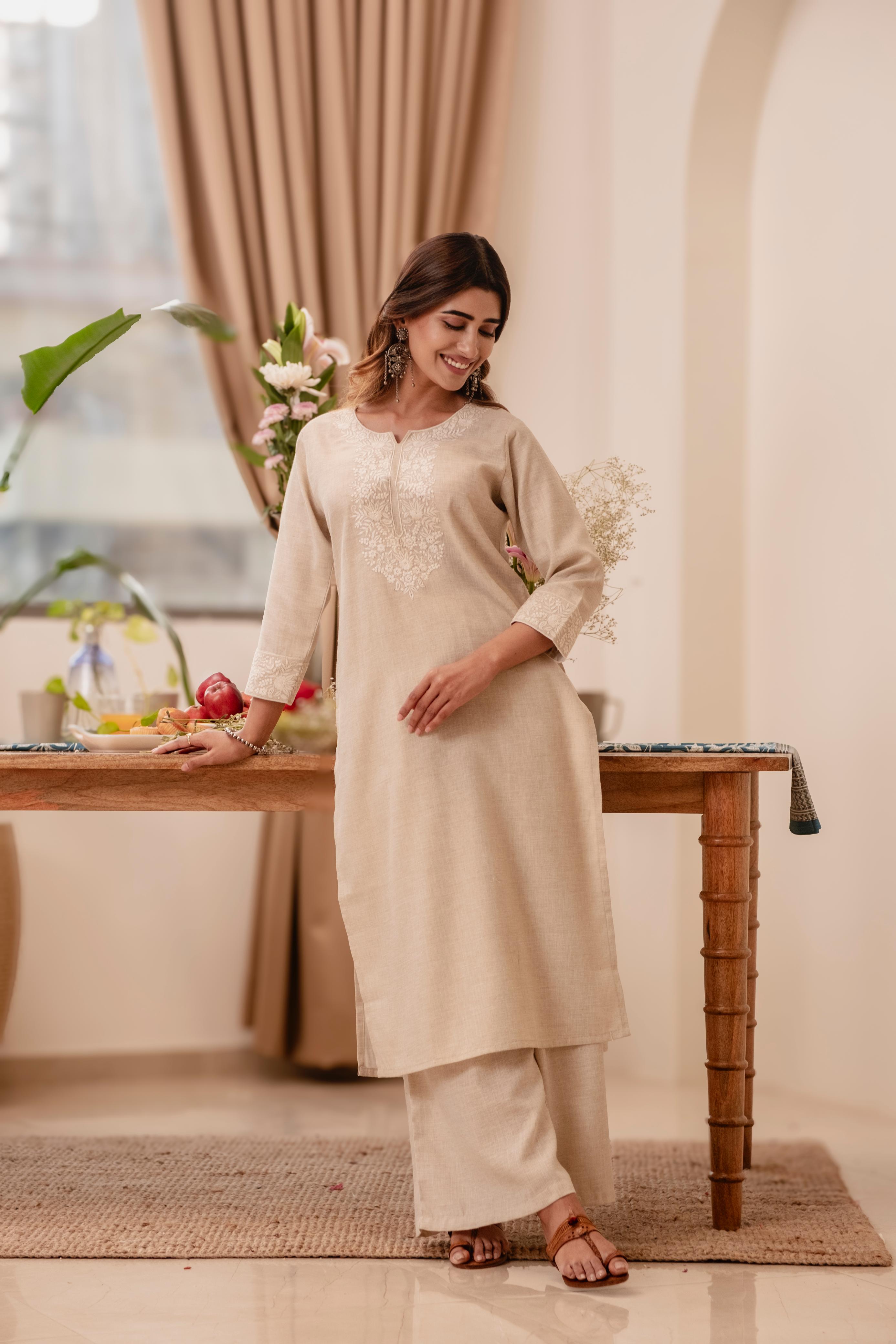 Beige/Fawn Cotton Linen Kurta/Co-ord Set | HER-517