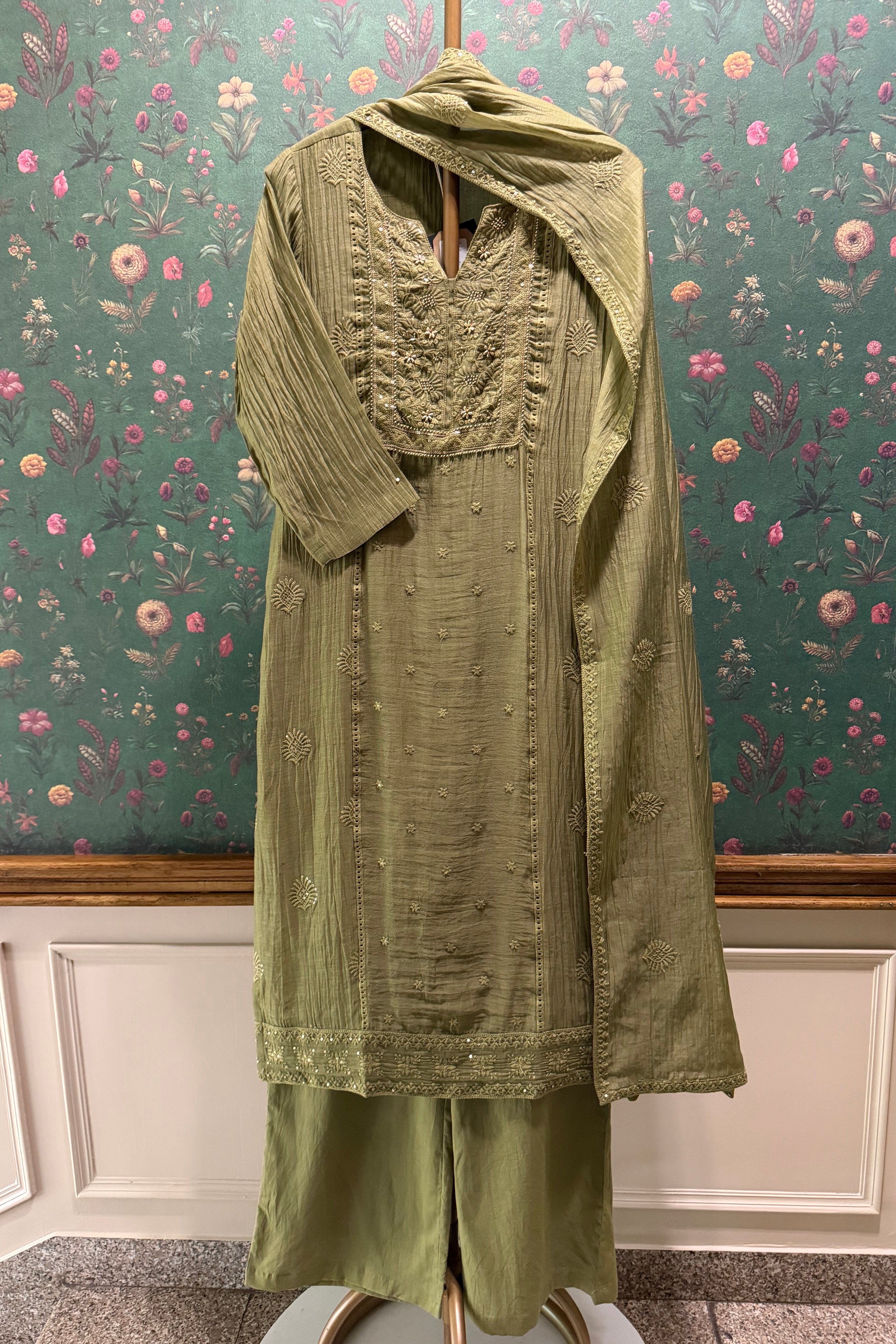 Antique Olive Green Noor Chikankari Suit Set | HER-620