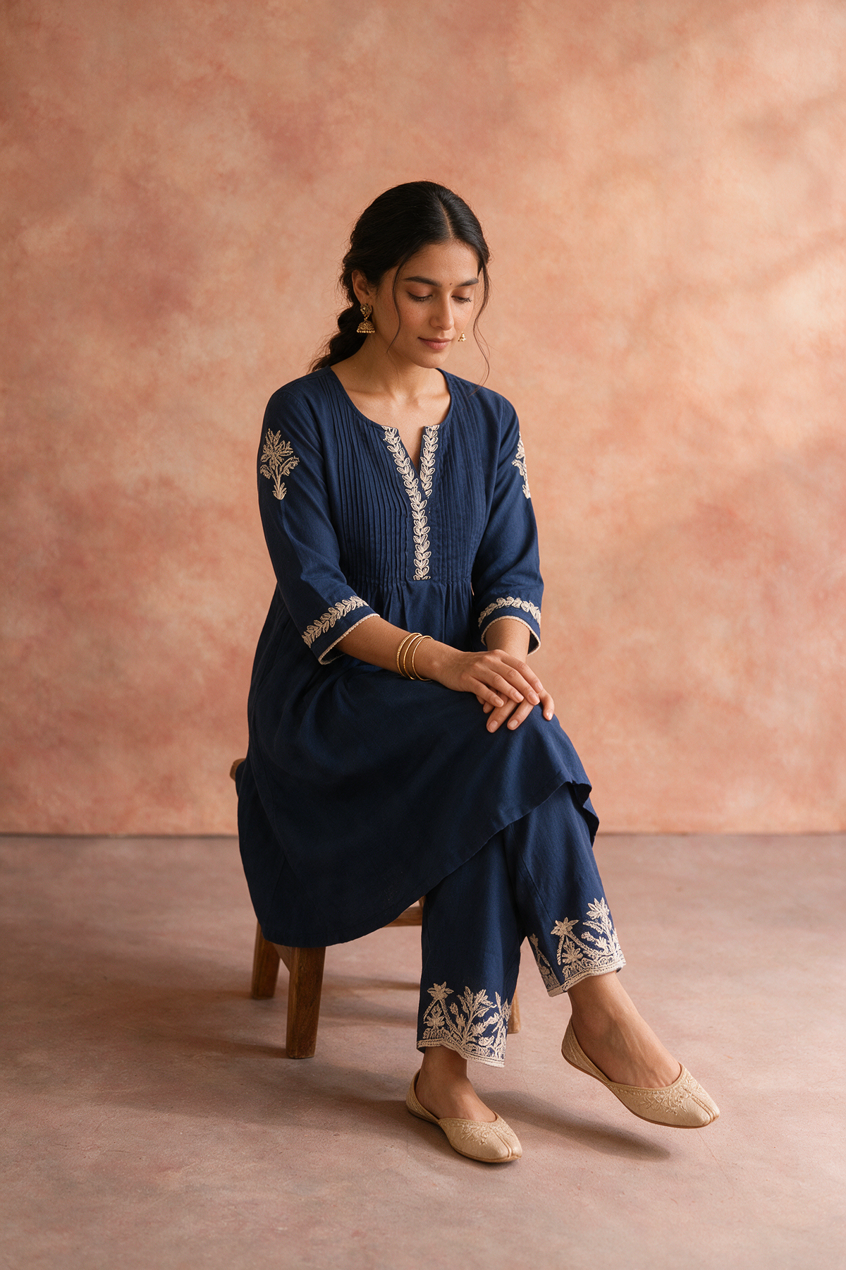 Navy Blue Pleated Embroidered Kurta Set
