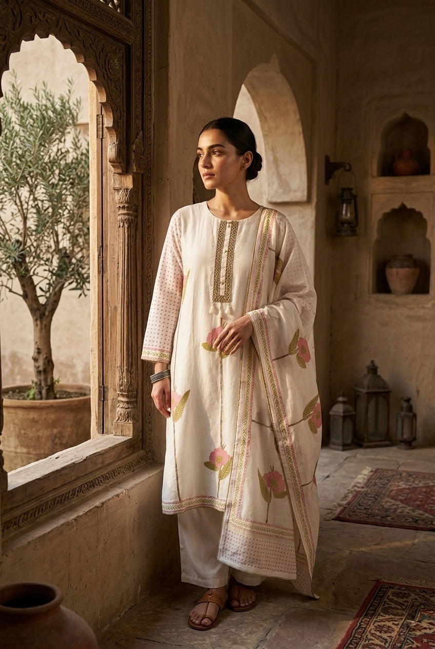 Ivory Floral Pure Chanderi Suit Set