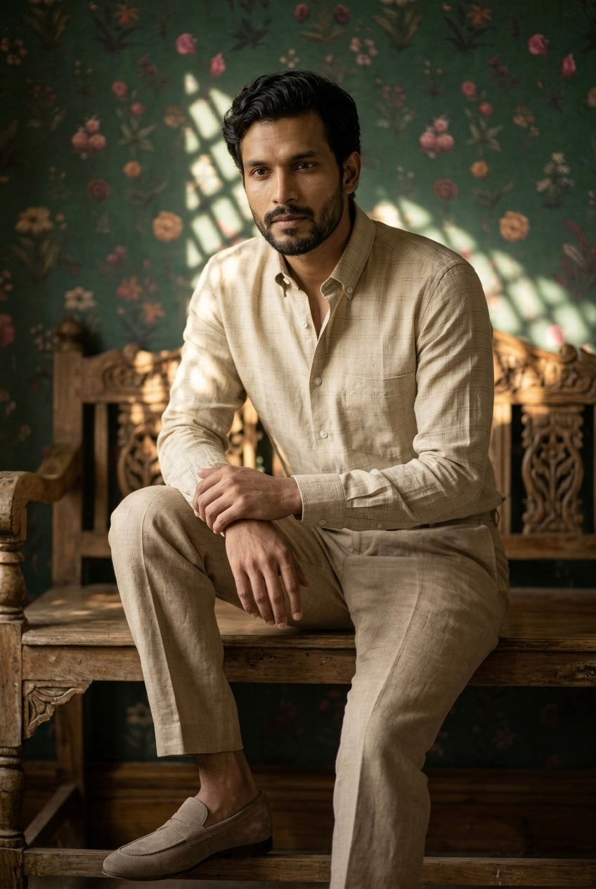 Men’s Sand Beige Windowpane Check Pure Linen Full Sleeves Shirt