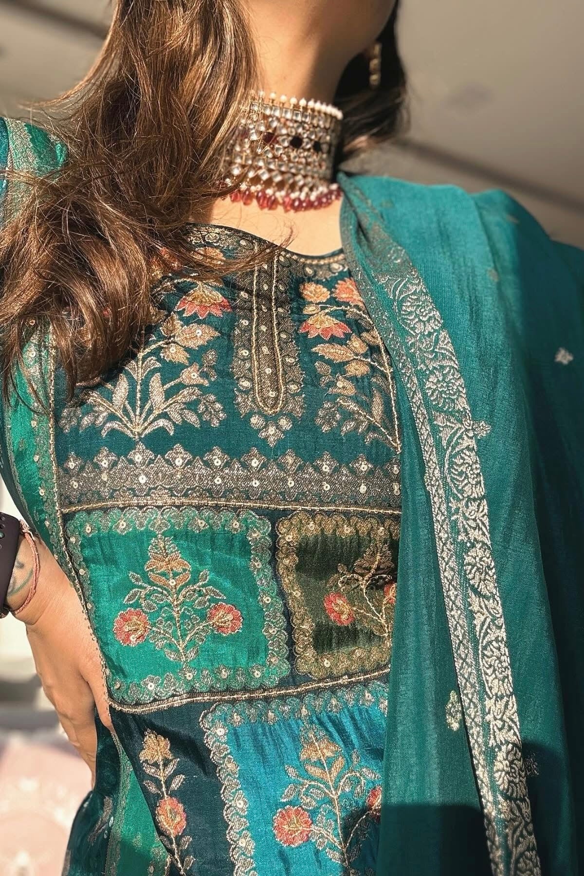 Emerald Green Dola Jacquard Suit Set | HER-166