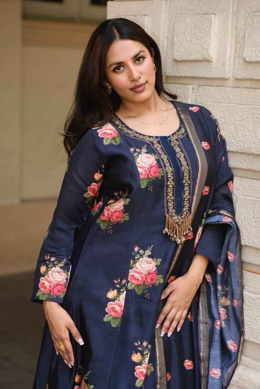 Twilight Black Floral Chanderi A-Line Suit Set x Celina | HER-607