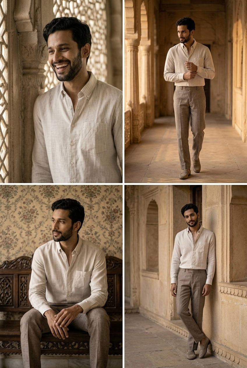 Men’s Ivory Printed Pure Linen Full Sleeves Shirt