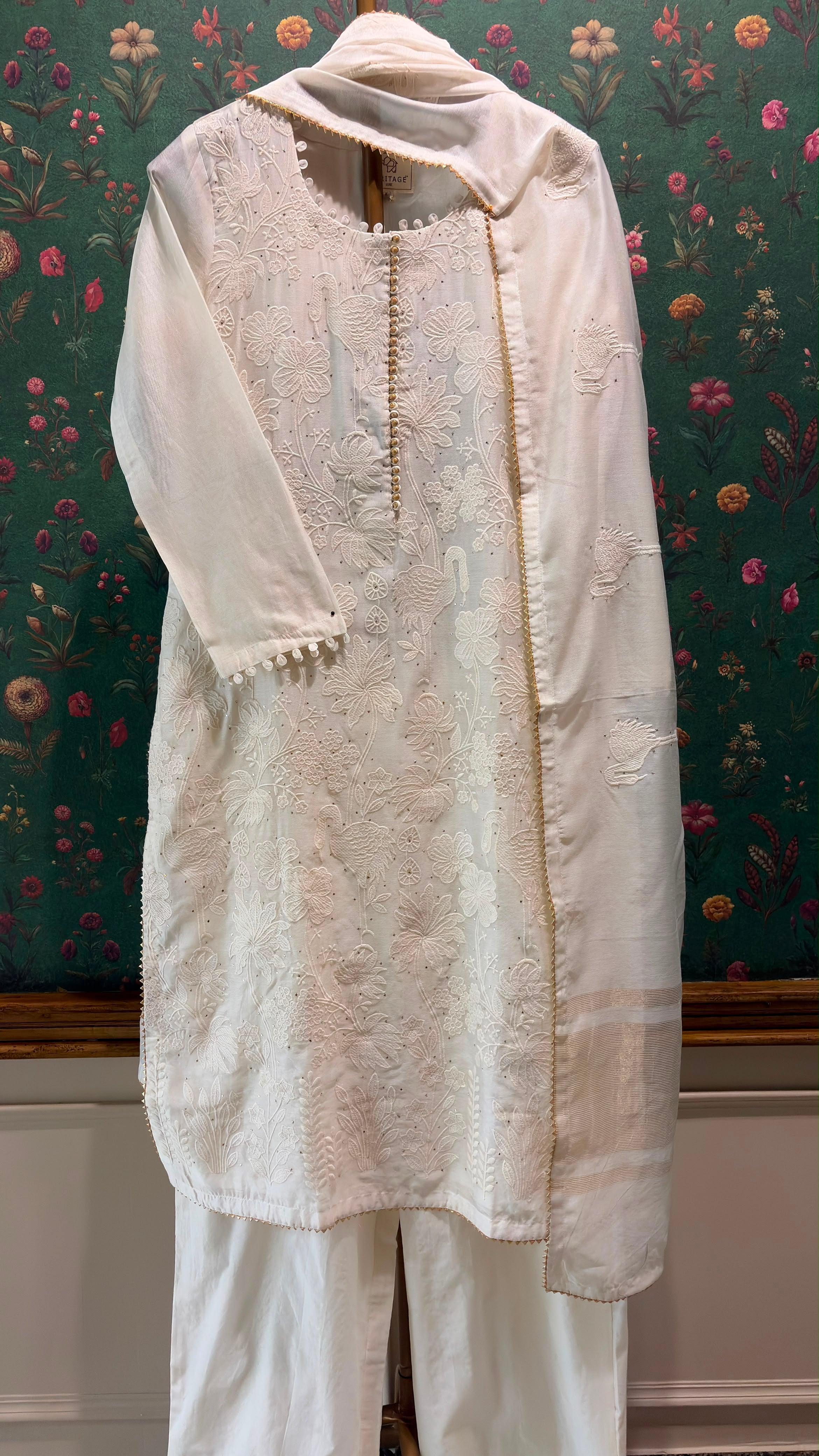 Ivory Floral Crane Embroidered Suit Set