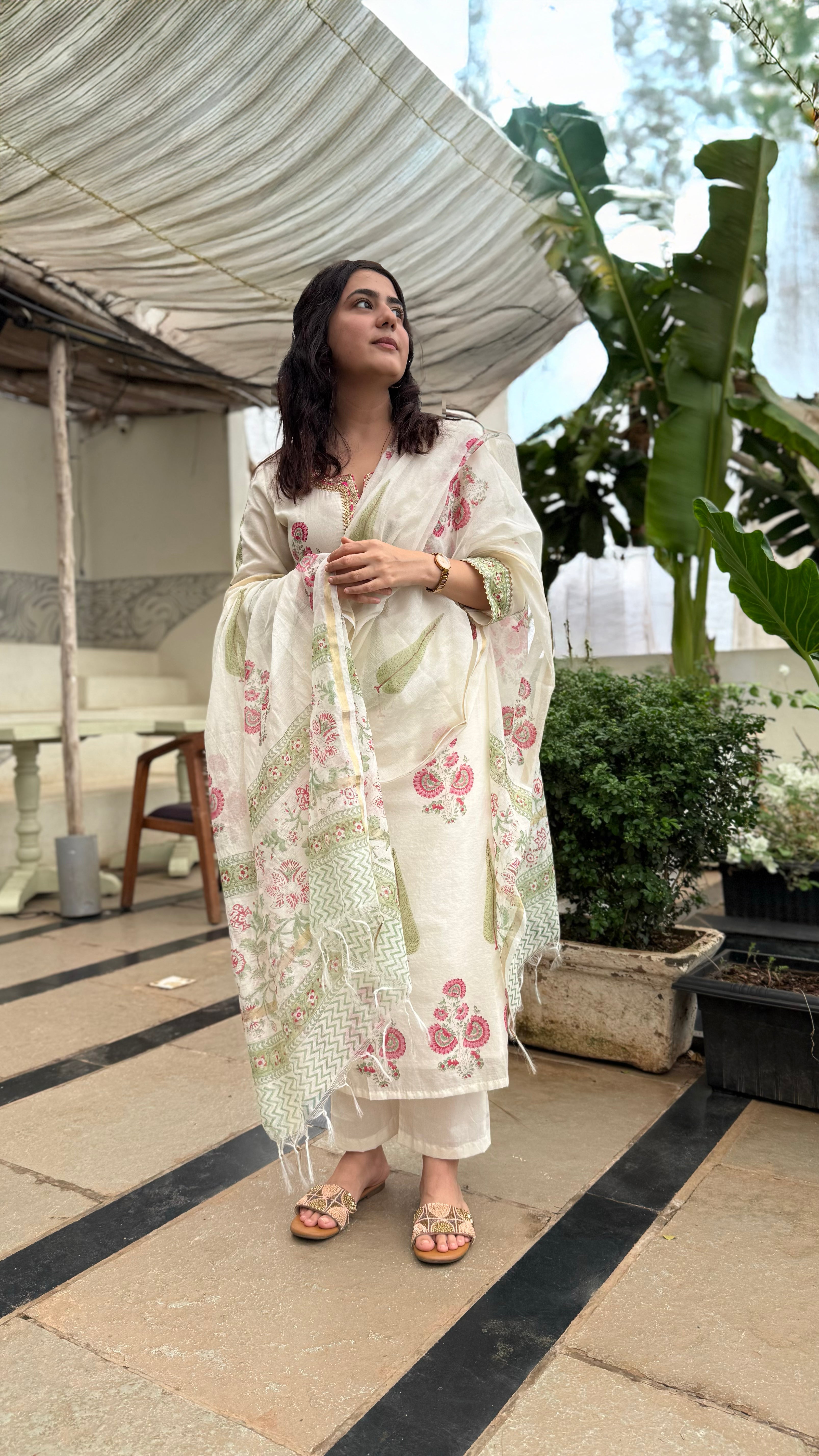 Ivory White Floral Printed Chanderi Suit Set x Vaani