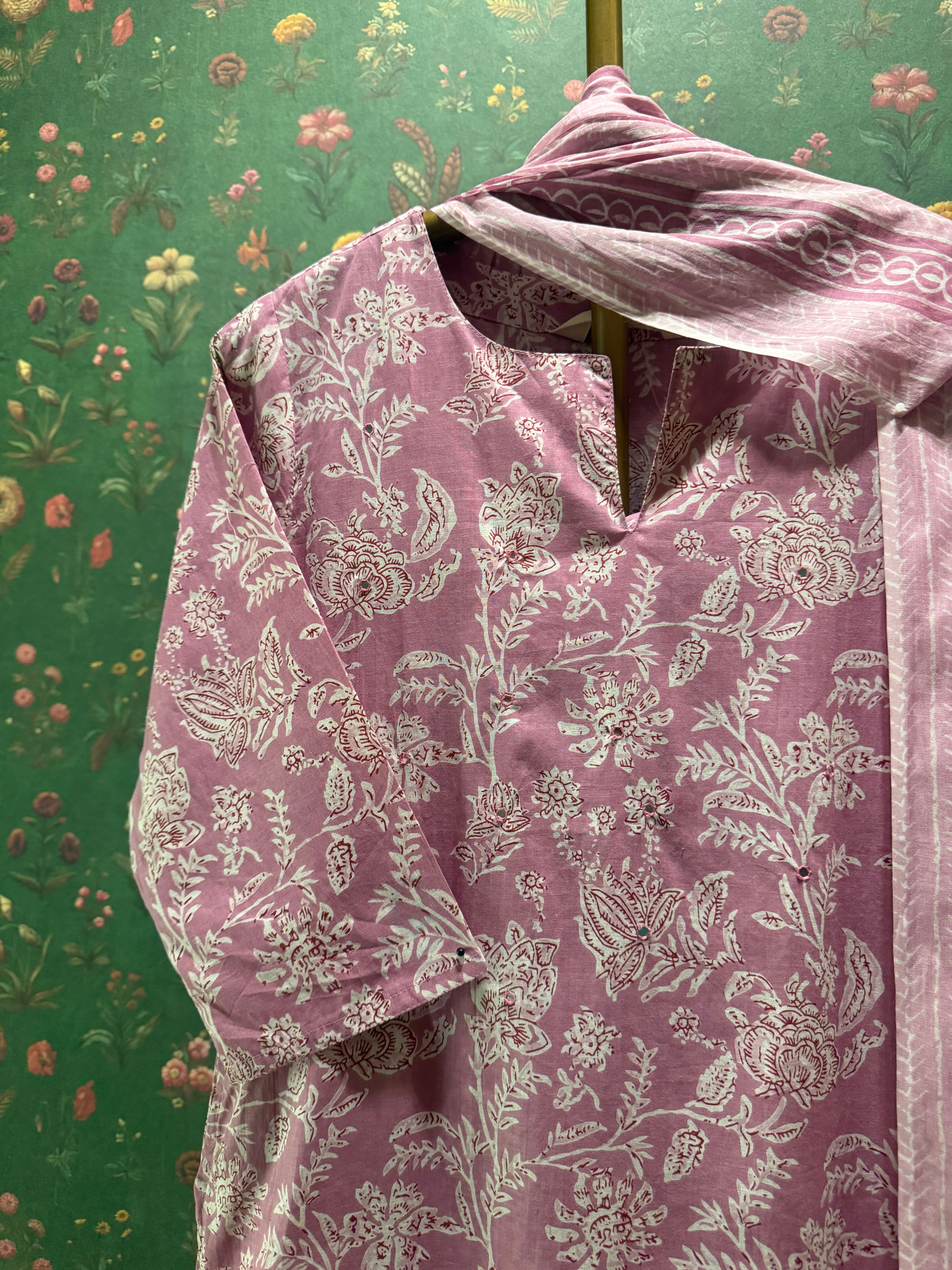 Blush Pink Printed Cotton Suit Set | HER-731