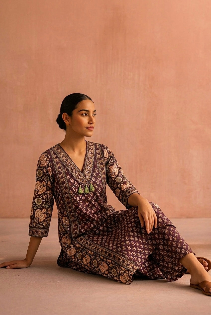 Deep Plum Floral Printed Cotton A-Line Suit Set | HER-714
