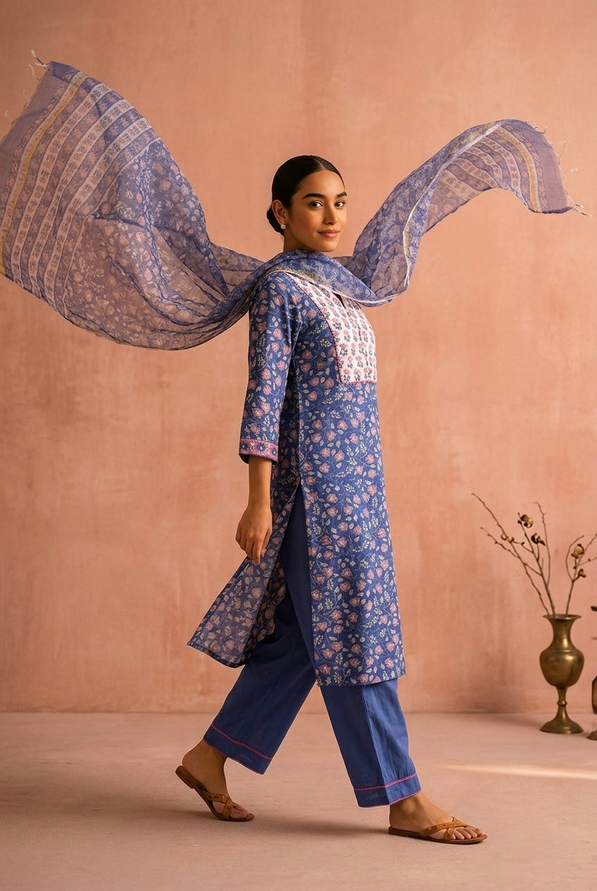 Blue Floral Printed Cotton Suit Set, with Kota Doria Dupatta | HER-753