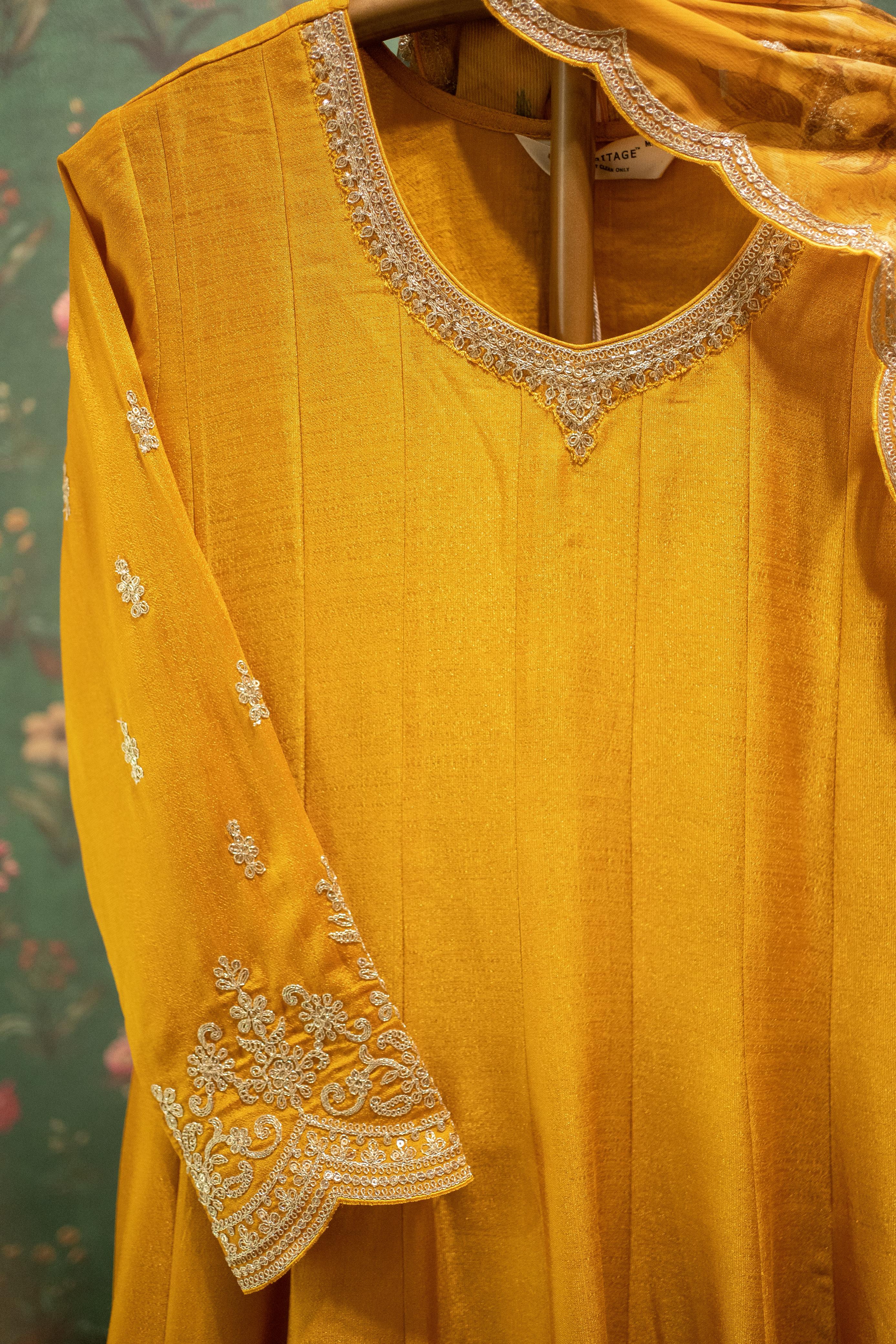 Ruhani Yellow Satin Silk Anarkali Suit Set with Floral Organza Dupatta | HER-560